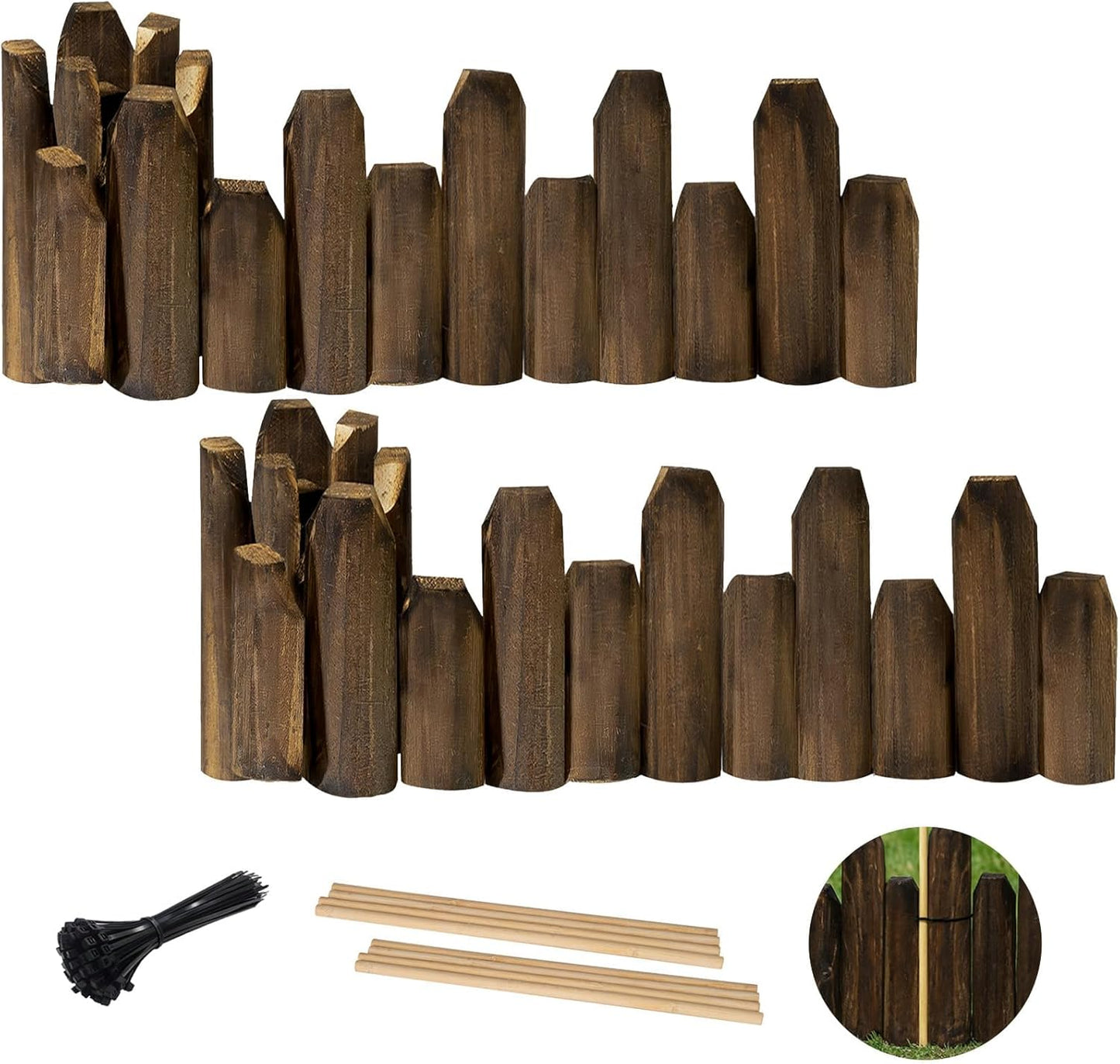 Wood Garden Edging for Landscaping – Staggered Half-Round Wooden Fence Border, Rustic Flower Bed Edging, Natural Pine, 7.9” x 4ft, Outdoor Garden Decor (2 Pack)