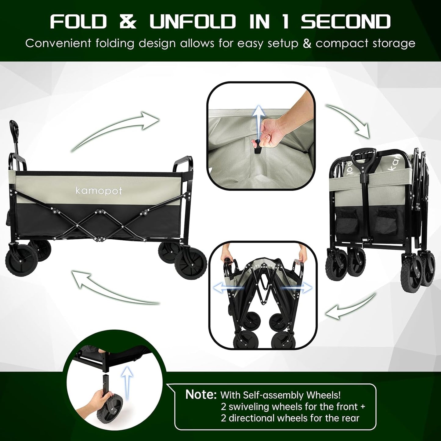 Large Collapsible Wagon Foldable for Grocery, Beach, Park, Yard, 34 x 18 Inch Inner Storage. Folding Utility Shopping Cart on Wheels. Heavy Duty, Durable w/Cupholders (Black-Gray)