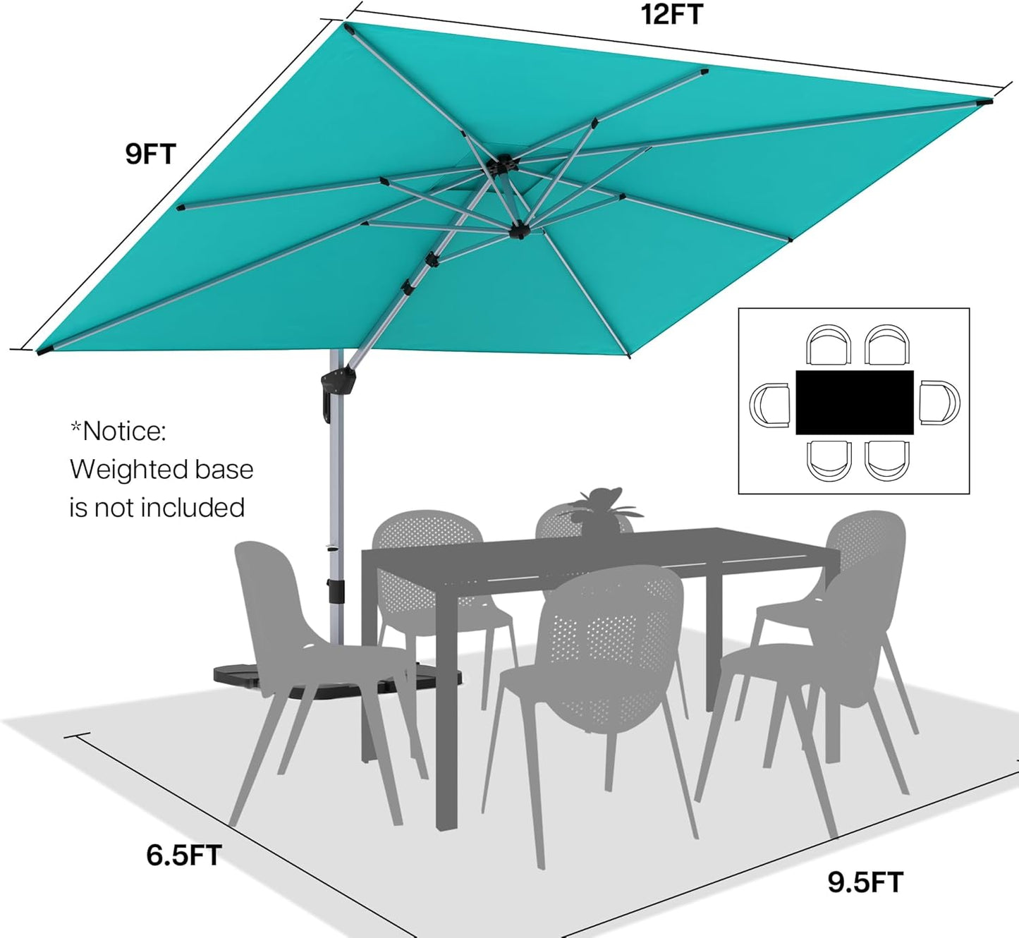Patio Umbrella, 9' X 12' Outdoor Cantilever Umbrella with 360-degree Rotation for Garden, Deck, Backyard, Pool and Beach, Turquiose