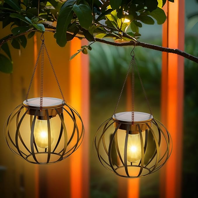 Solar Lanterns Outdoor Waterproof - 2 Pack Solar Outdoor Lanterns, 15"" Solar Lights Outdoor Hanging, Lanterns Decorative Outdoor Pumpkin Shape, Black, Wq-OSL-001