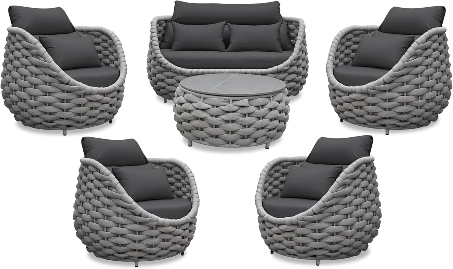 Aluminum Outdoor Patio Furniture Set: 6 Pieces Porch Rope Conversation Sofa Set - Modern Woven Deck Couch Set Cushioned - No Assembly All Weather Seating for 660lbs Yard Garden Lanai Hotel Pool