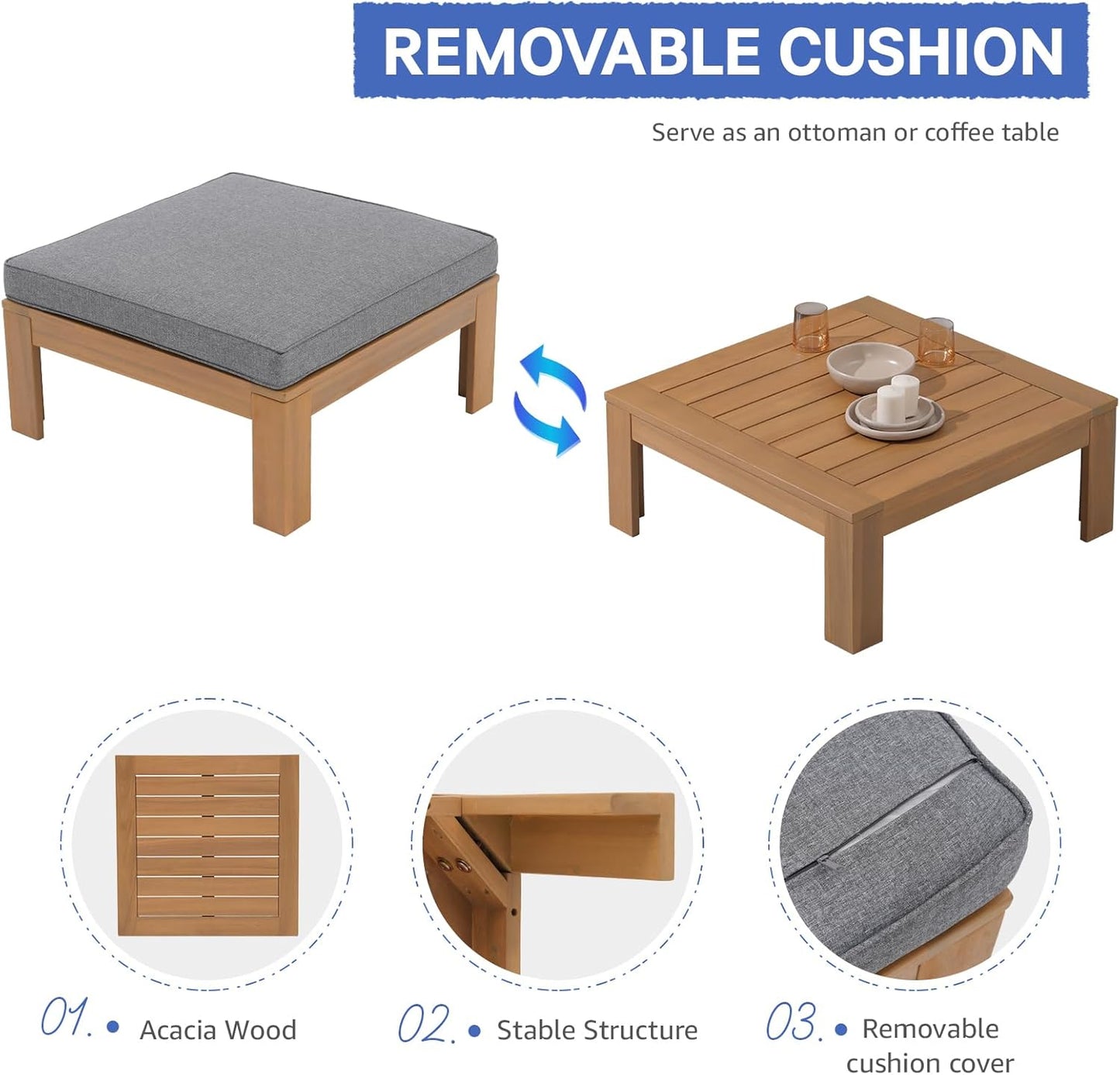 SUNSITT 6 Piece Acacia Wood Patio Furniture Outdoor Sectional Sofa Set with Adjustable Armrest, FSC Certified L-Shaped Patio Set w/2-in-1 Coffee Table, Grey Cushions