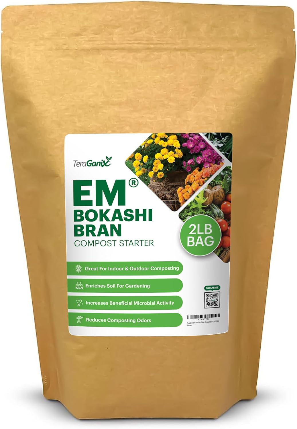 TeraGanix EM Premium Bokashi Bran, Compost Accelerator, Rice Bran Mix, Odor Eliminator, Formulated by Dr. Higa (Bokashi Inventor), Bokashi Compost Starter for Kitchen Compost Bin & Soil (2 Lb)