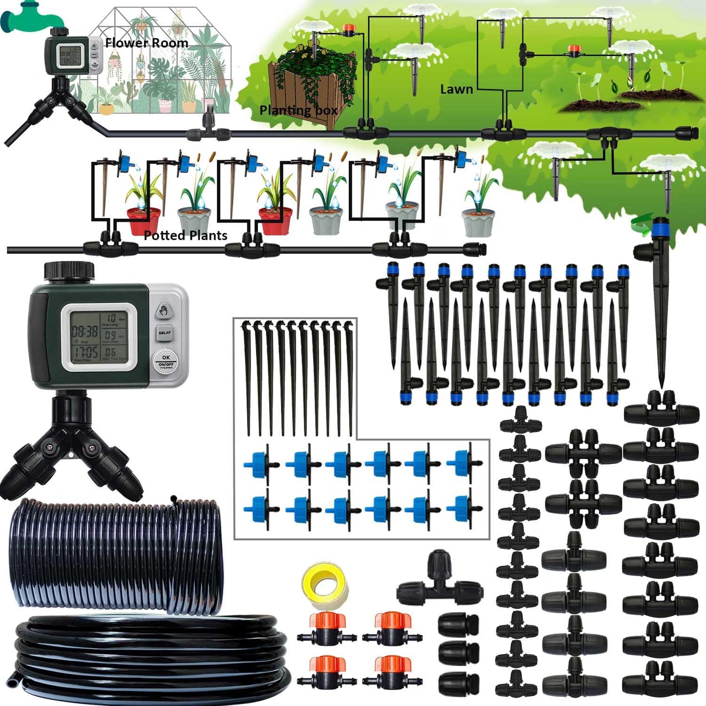 162ft Drip Irrigation Kit 5/16“ID Main Hose and 1/4 Inch Pipe Drip Irrigation System with Water Timer Auto Watering System for Garden Adjustable Spray, for Greenhouse, Garden, Lawn, Potted Plants
