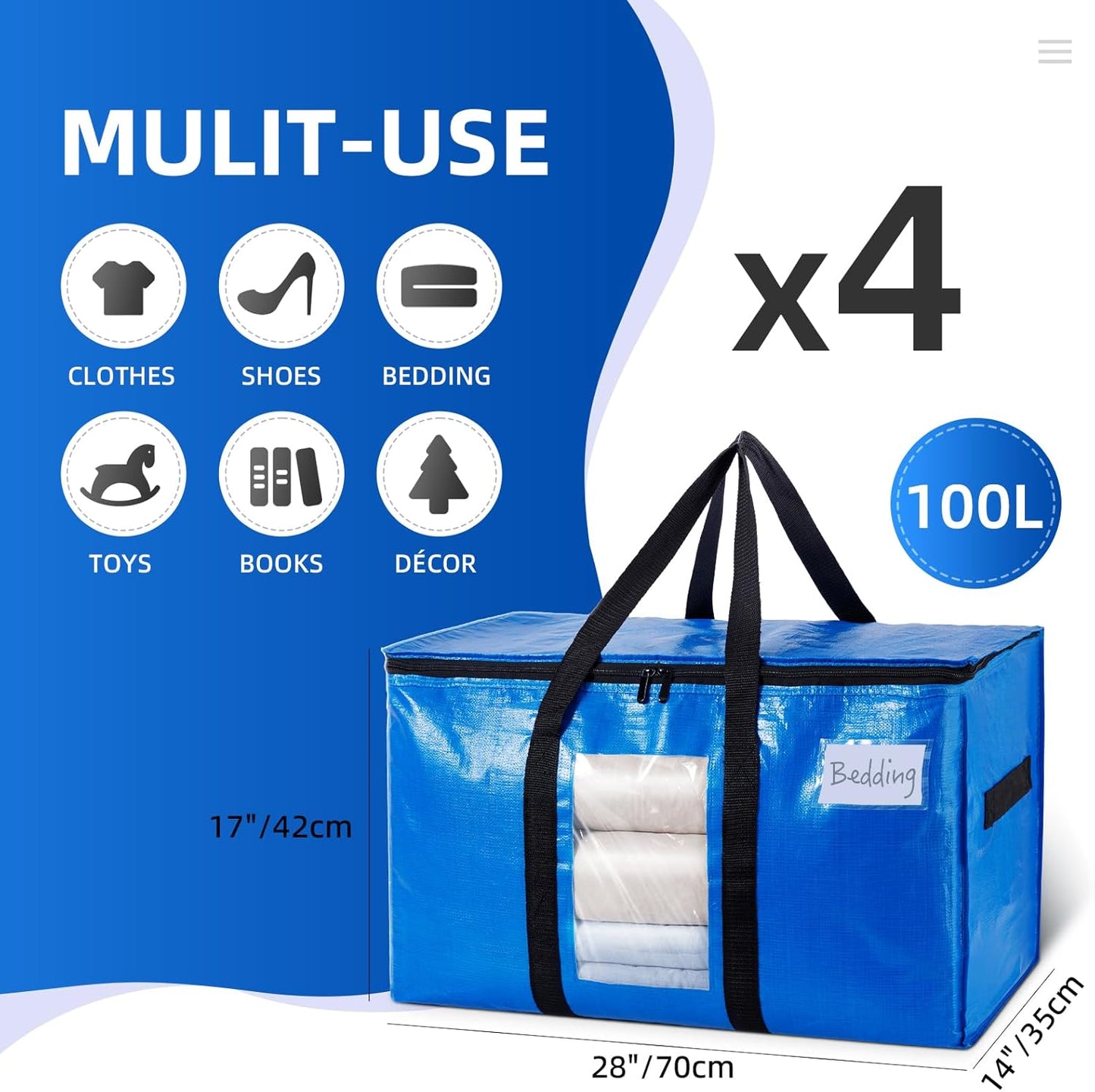 TAILI Extra Large Moving Bags, 4 Pack Blue Heavy Duty Totes For Storage with Visible Window, Wrap Around Handles, Storage Bags for Space Saving, Alternative to Moving Boxes