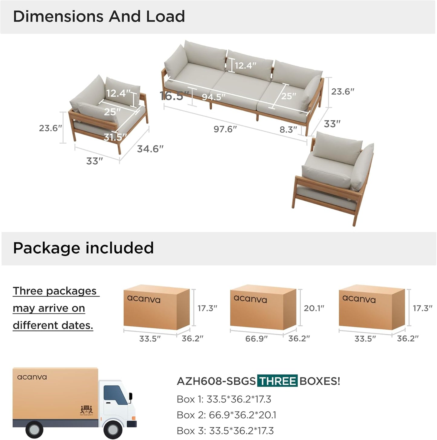 Acanva Modern Outdoor Patio Furniture Set, All-Weather Aluminium Conversation Sectional Sofa with Thick Cushions for Backyard, Garden, Porch, Couch + 2 x Armchairs, Beige
