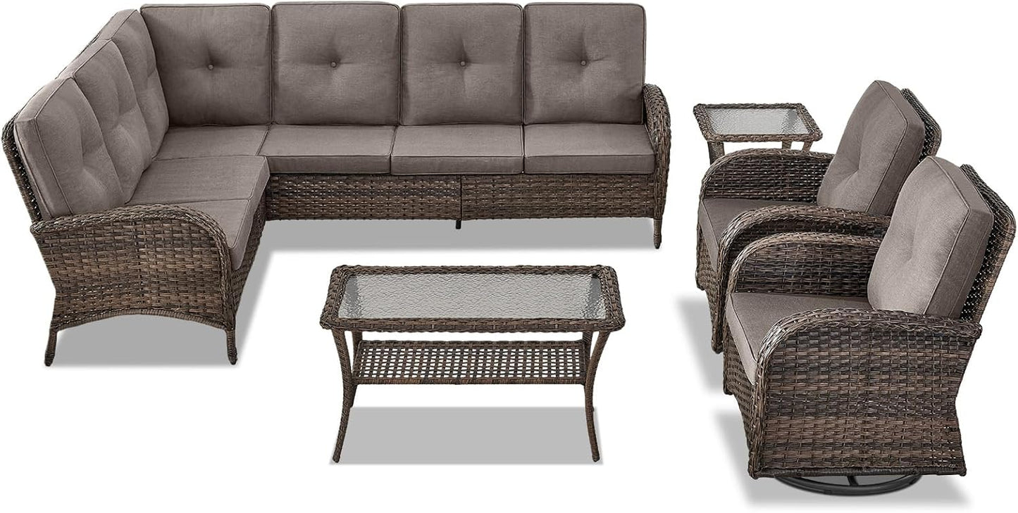 Outdoor Furniture Set - 6 Pieces Patio Conversation Sectional Sofa Set with Swivel Rocker Outdoor Chairs Set of 2 and Wicker Coffee Table for Deck Backyard Sunroom Brown
