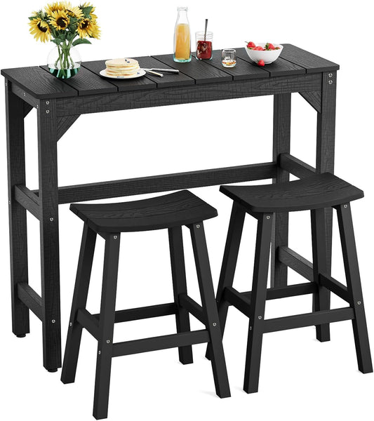 3 Piece Outdoor Bar Set, 42" Rectangular Pub Height High Top Bar Table & 2 Outdoor Bar Stools for Patio, Garden, Poolside and Bistro, Weatherproof, Black