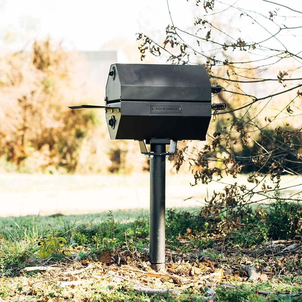 Ash & Ember Park-Style Grill/Smoker, 260 Sq In Charcoal Grill with Cover, 17.5"x11.5" Grate, Side Shelf for Food Prep, Single Post Permanent Park-Style Grill for Outdoor Backyard BBQ