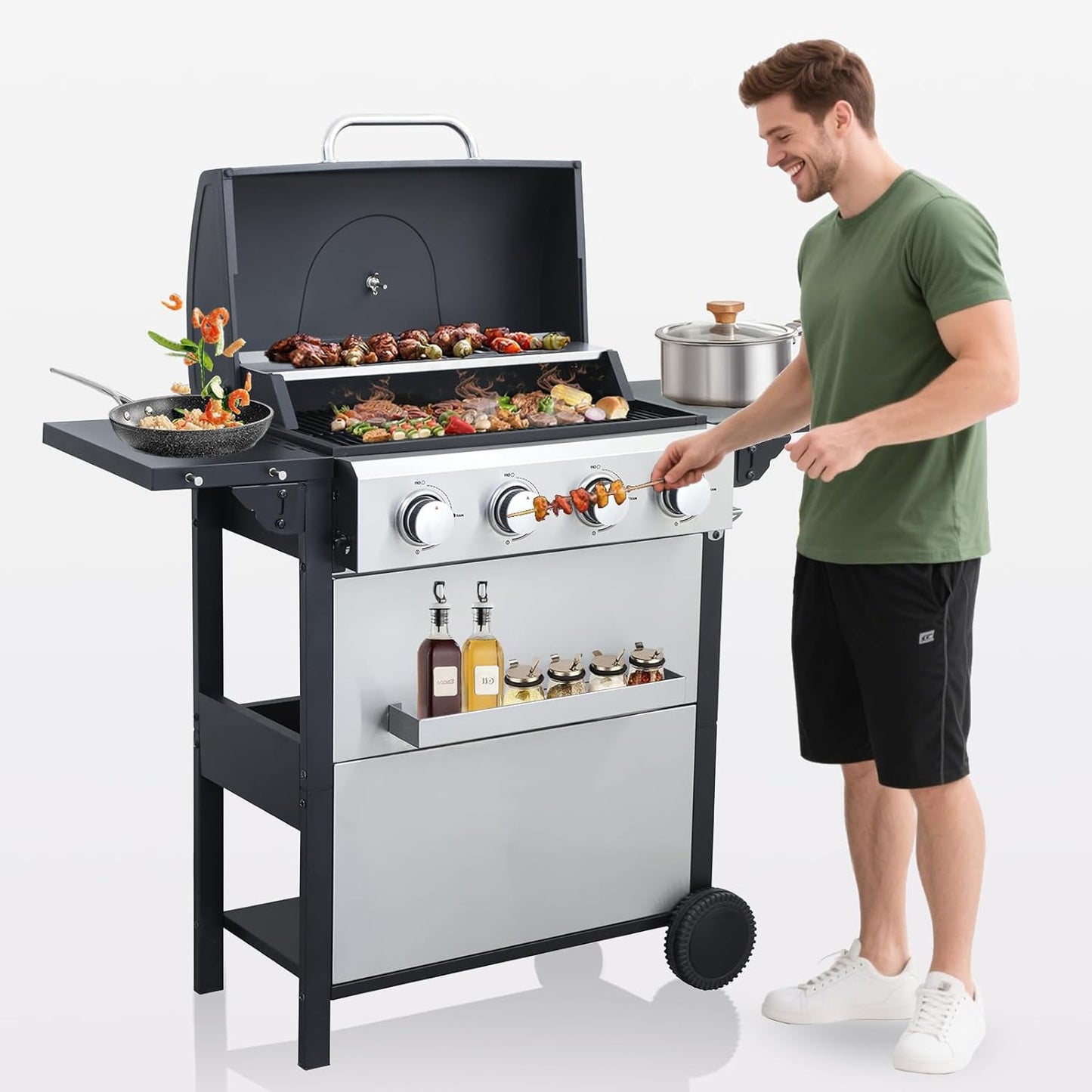 4-Burner Propane Gas BBQ Grill with Porcelain-Enameled Cast Iron Grates, 2 Foldable Side Table, 34,200 BTU Stainless Steel Grill for Outdoor Camping Barbecue Grilling Backyard Cooking