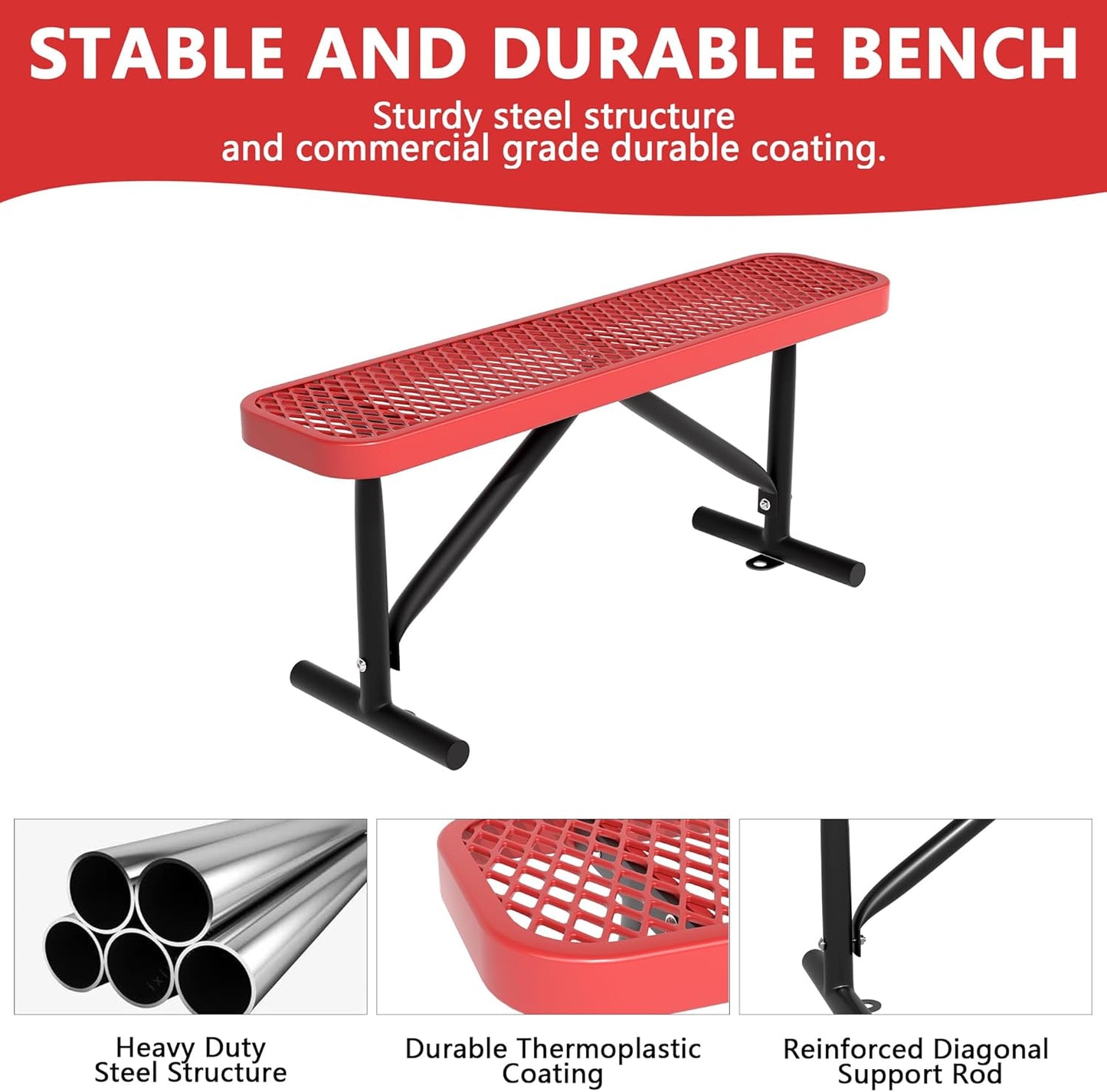 4 Feet Heavy Duty Metal Park Bench for Outside, Outdoor Bench with Portable Frame, Commercial Benches for Shopping Mall, Store, Park, Patio, Deck, Red