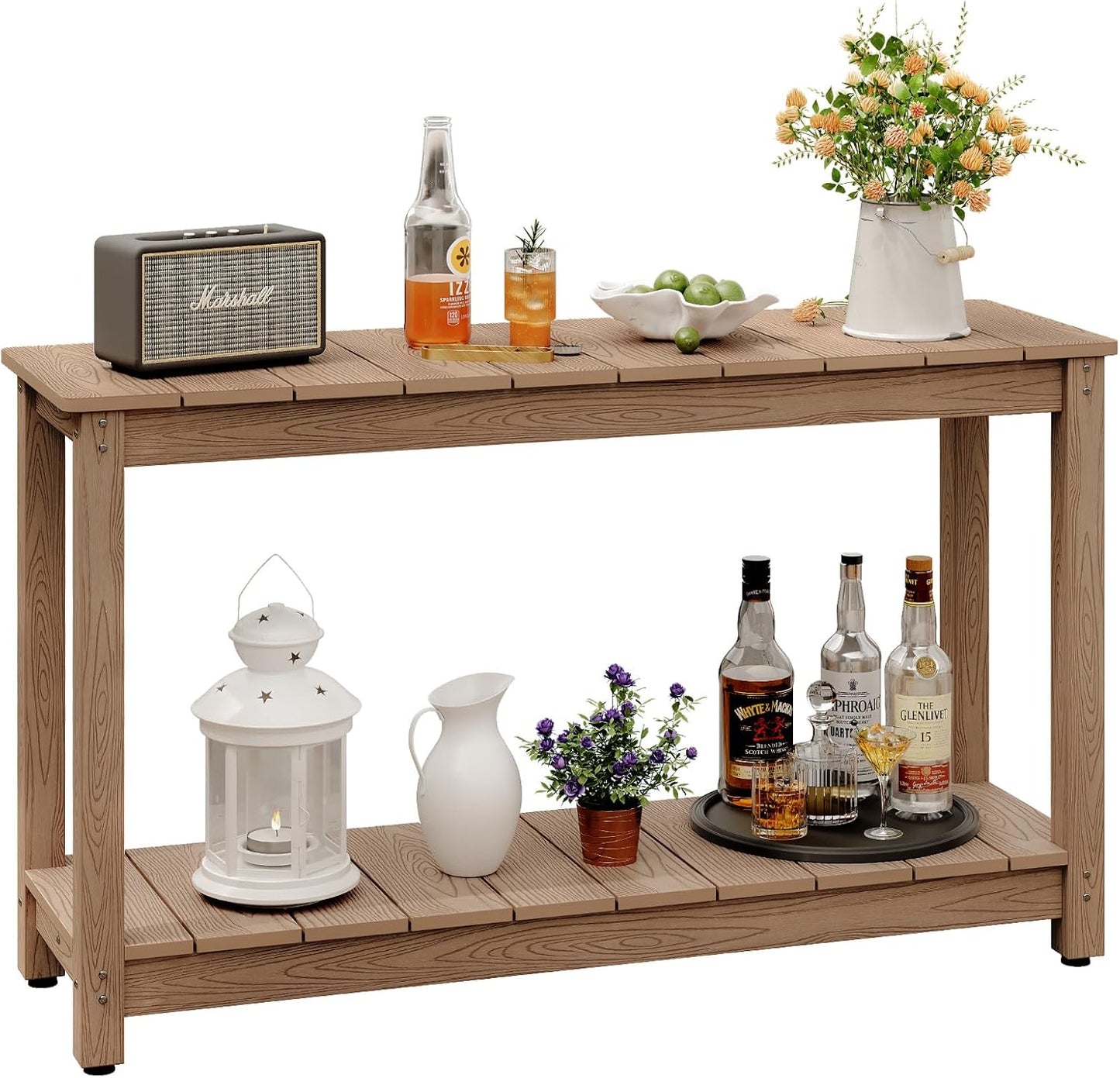 Outdoor Console Table, 48" Weather Resistant HIPS Patio Side Table, 440LBS Weight Capacity, 2-Tier Multifunctional Buffet Bar Storage Organizer for Garden Deck, Teak