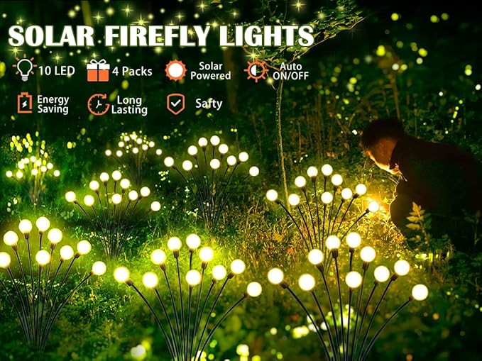 SunKite Solar Garden Lights - 4 Pack 10 LED Solar Firefly Lights Sway by Wind Outdoor Waterproof Solar Decorative Lights, Solar Outdoor Lights for Yard Patio Walkway Decoration, Warm White