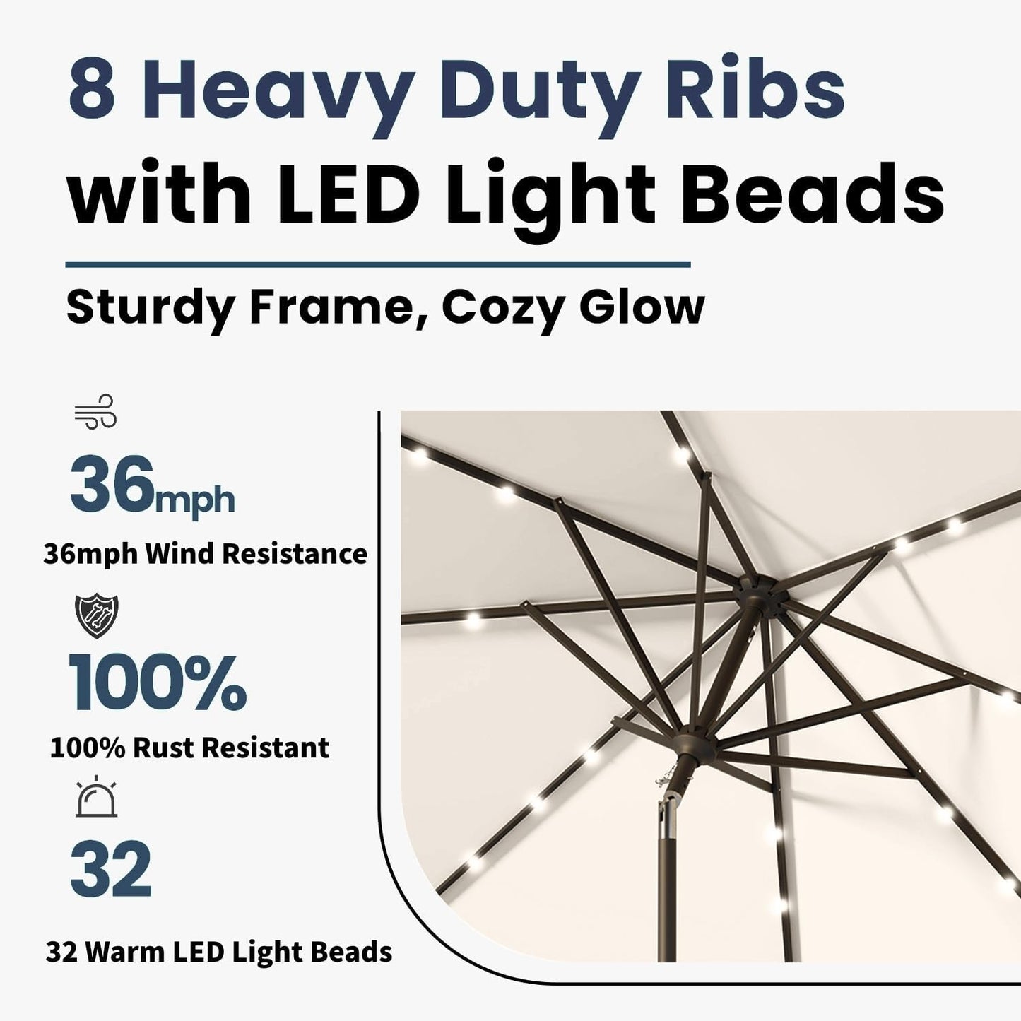 9FT Solar Umbrella 32 LED Lighted Patio Umbrella Table Market Umbrella w/Tilt and Crank, UV-Resistant Outdoor Umbrella for Pool, Garden, Deck, Creamy White