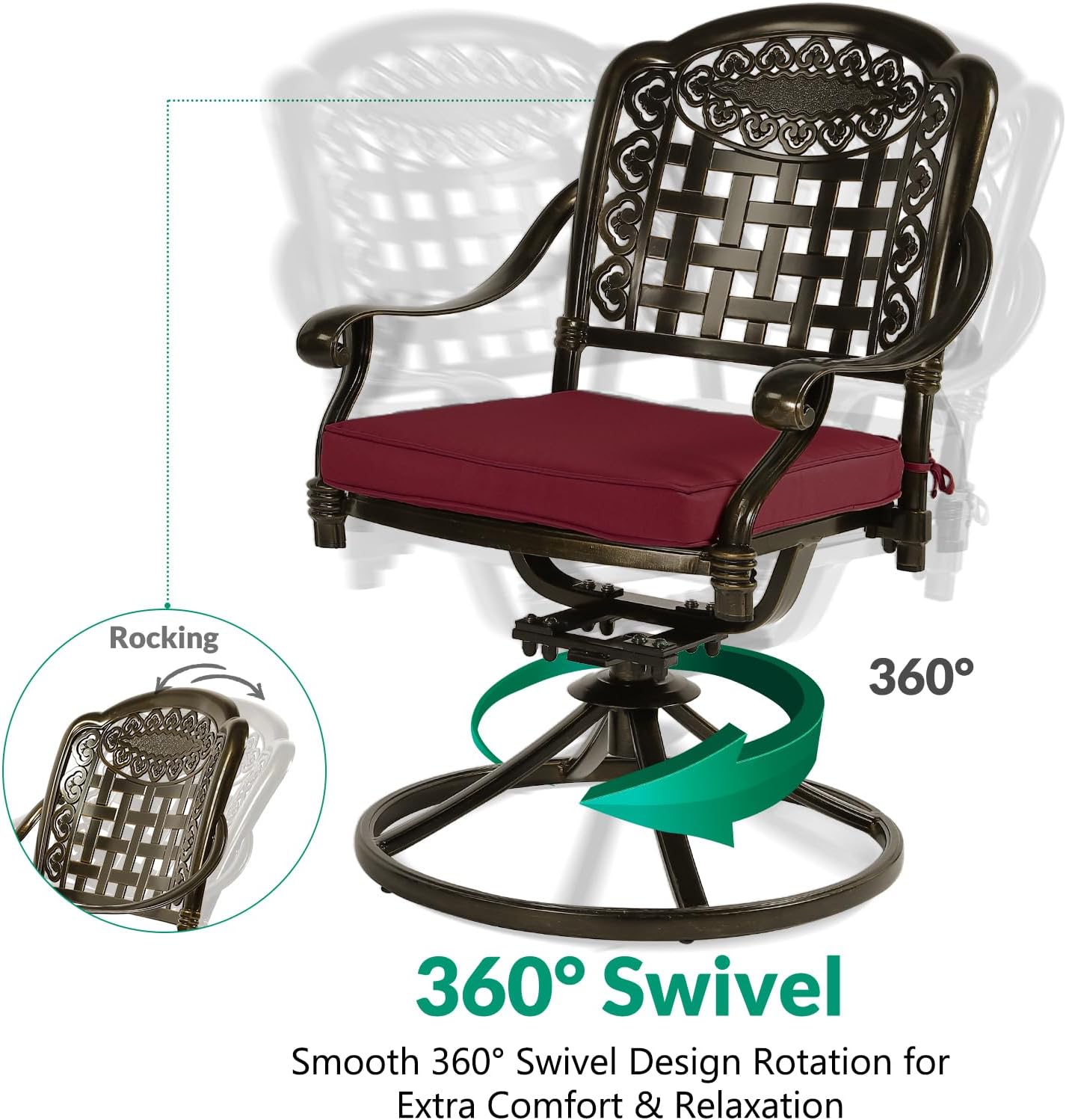 VIVIJASON 3-Piece Patio Bistro Set, Outdoor All-Weather Cast Aluminum Furniture Dining Set, Include 2 Swivel Chairs and 31" Round Table w/Umbrella Hole for Balcony, Lawn, Garden (Red Cushion)