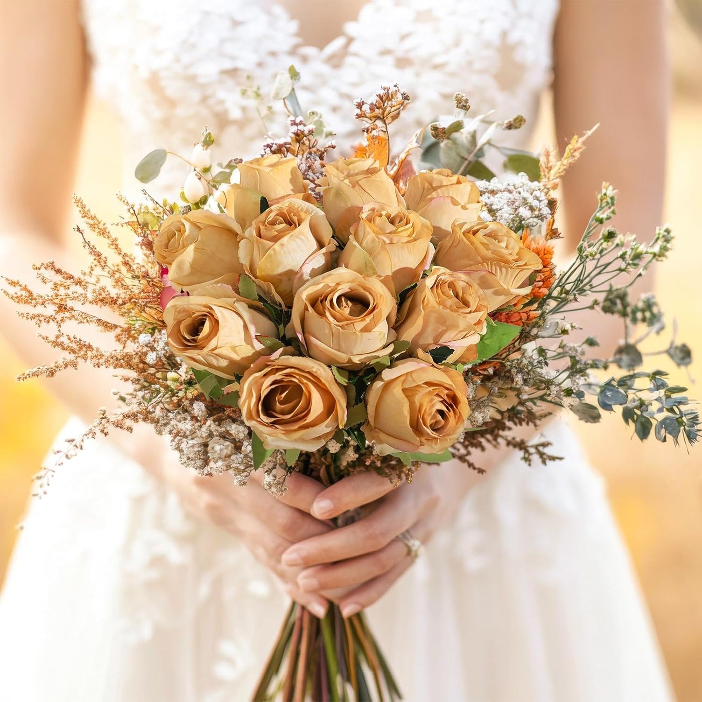 12Pcs Realistic Fake Champagne Roses Faux Flowers with Long Stems, Artificial Silk Rose Flowers for Valentines Day Home Wedding Decor Bridal Bouquet