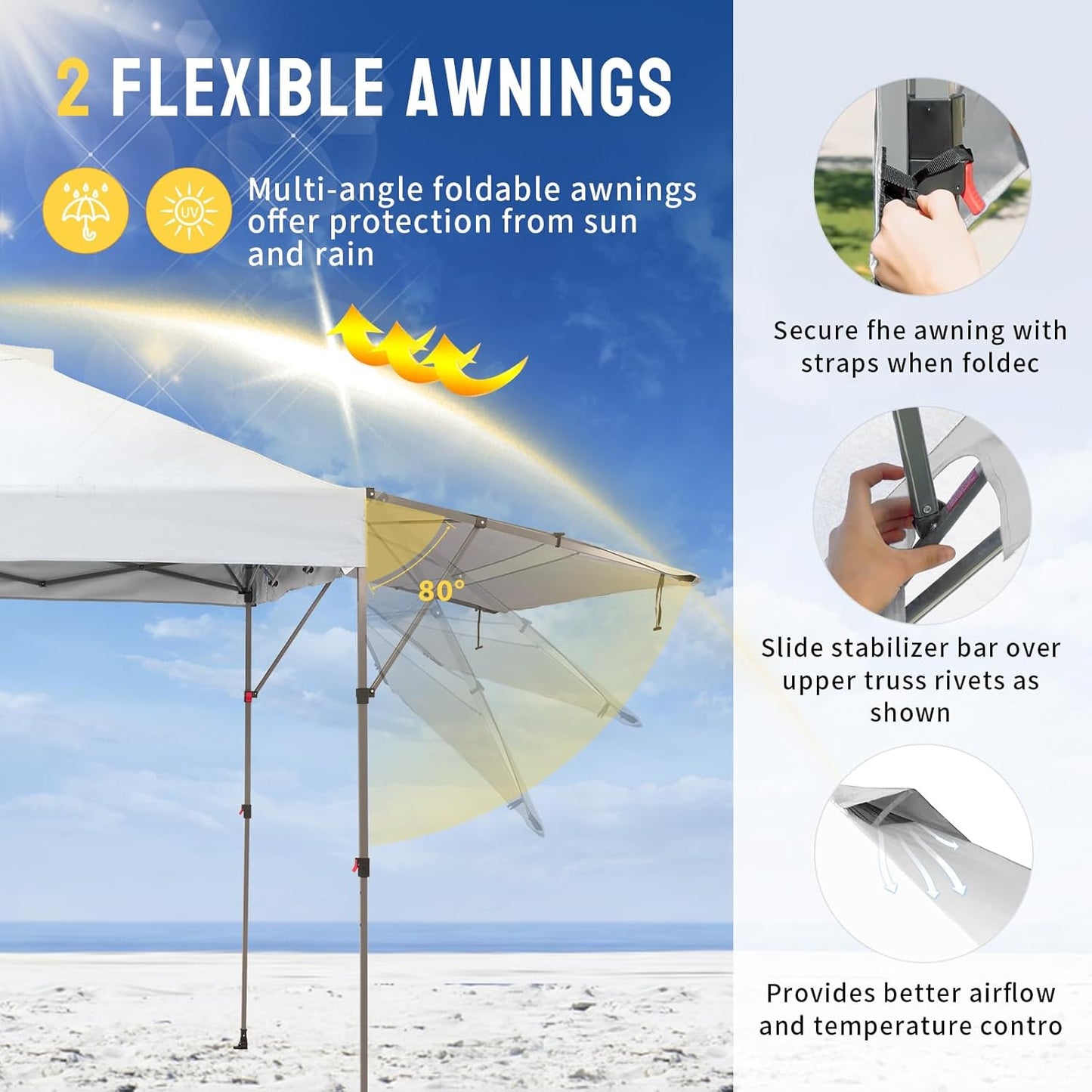 CROWN SHADES 10x10 Pop up Canopy Tent Patended Centerlock Instant Commercial Canopy with 150D Silver Coated Fabric Including 2 Extend Awnings, 4 Ropes, 8 Stakes, 4 Weight Bags (White, 10x14)