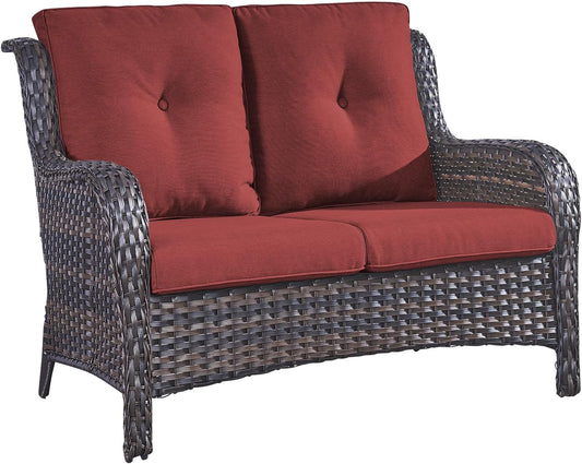 Outdoor Loveseat Patio Couch - 500 Lbs Weight Capacity Wicker Loveseat with High Backrest Wide Armrest, Small Patio Furniture Rattan 2 Seater Sofa for Balcony Deck Proch Poolside Brown