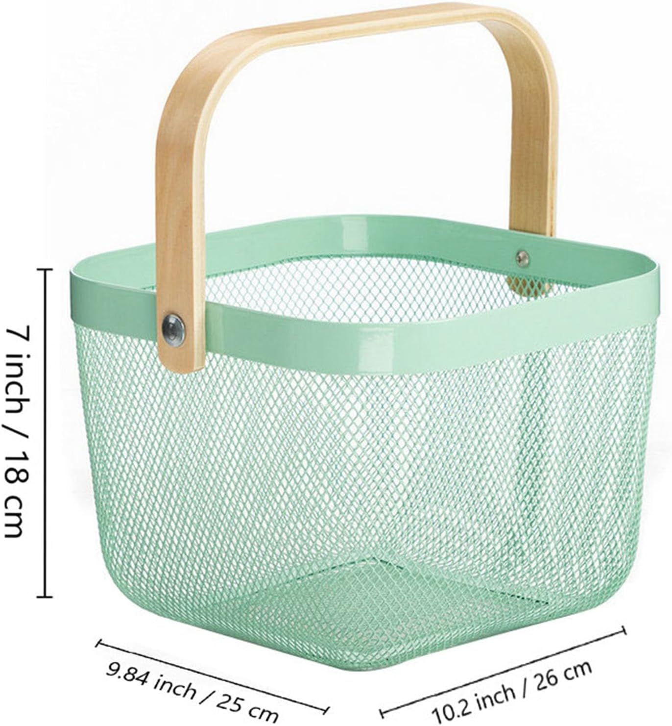 Metal Mesh Steel Basket, Storage Organizer Basket Multi-functional Hanging Kitchen Baskets Fruit Basket with Wooden Handle for Kitchen Bathroom Picnic Shopping Decor Cabinet Home, Macaron Blue