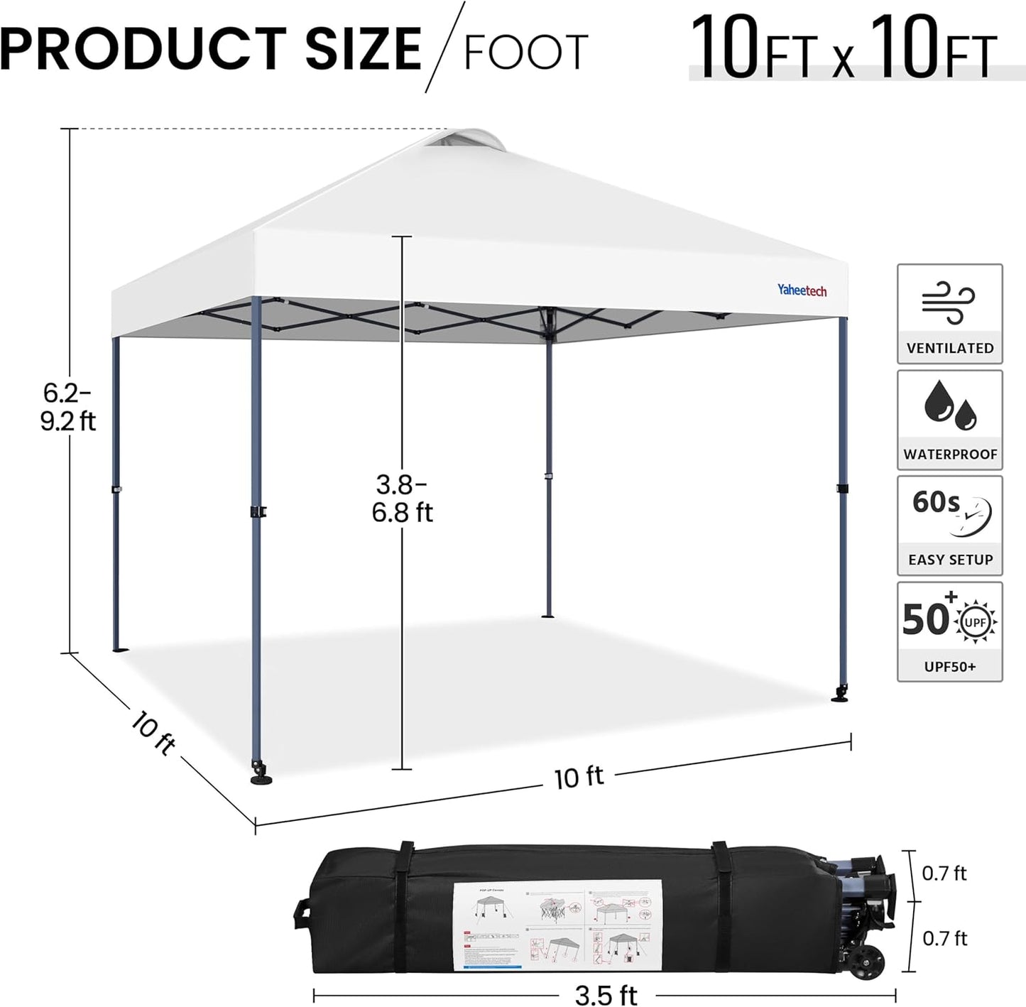 Yaheetech 10x10 Pop-up Canopy Tent w/ 2 Integrated Wheels for Mobility, Waterpoof & Heavy Duty, Instant Sun Shelter with Carry Bag, Weight Bags for Outdoor Camping Beach Patio Parties, White