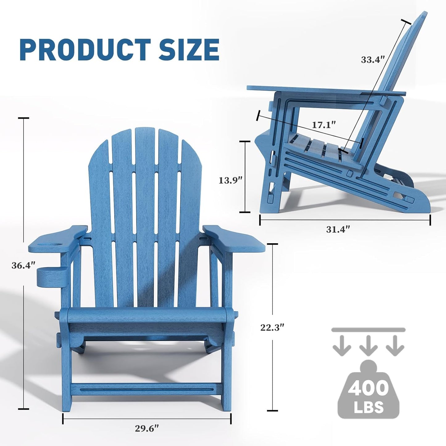 Adirondack Chair, Tool-Free Assembly All-Weather Adirondack Chairs, HDPE Fire Pit Chairs with Cup Holder, Outdoor Chair for Patio Garden (Blue)