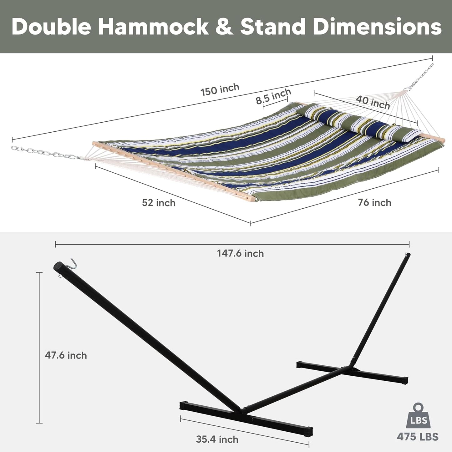 SUNCREAT Hammocks Double Outdoor Hammock with Stand, Cotton Rope Two Person Hammock with Polyester Pad & Large Pillow, Blue& Gray
