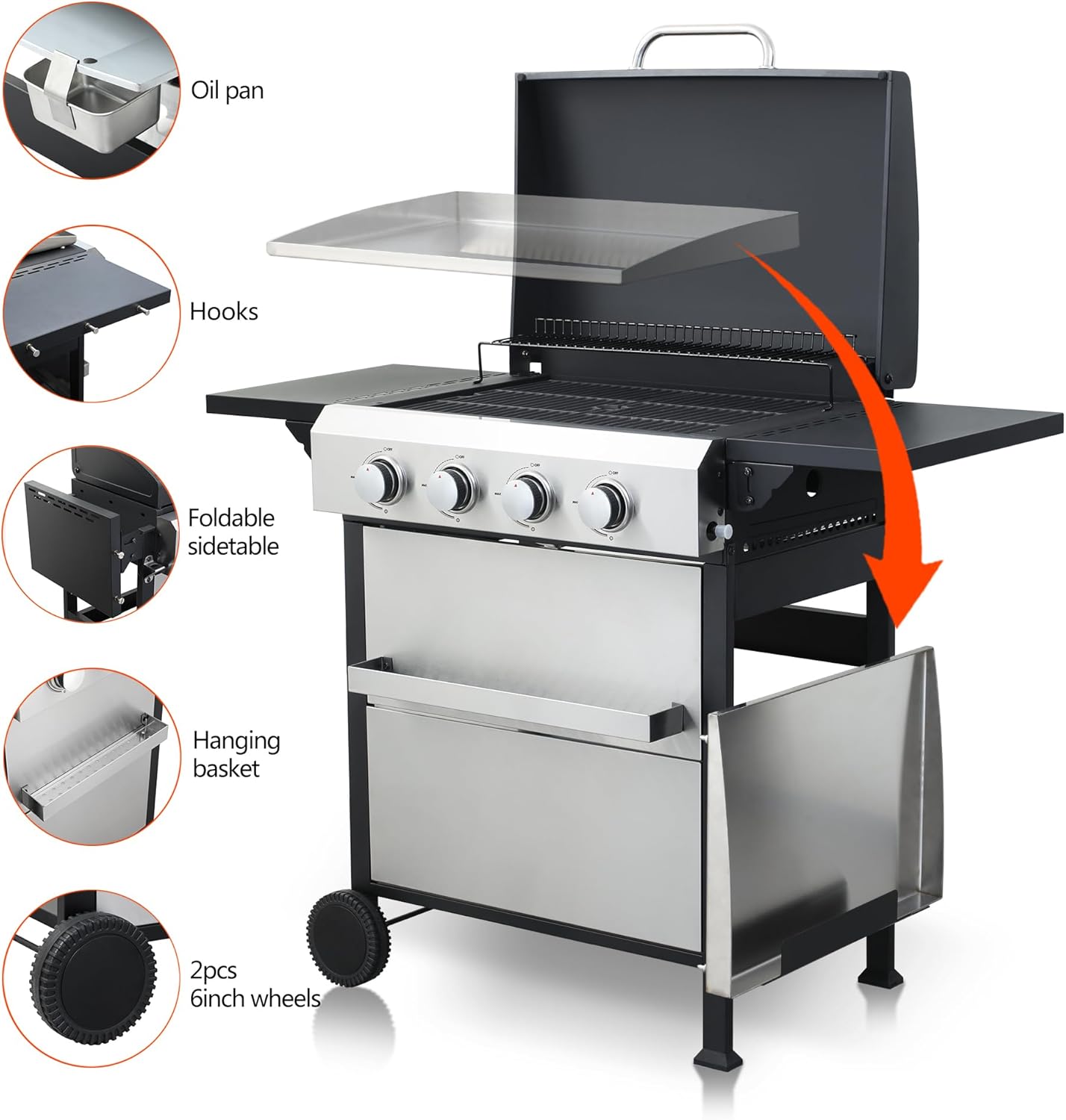 4-Burner Propane Gas BBQ Grill with SS Plancha, 49,200 BTU Output, Wire Enamel Cooking Grids, Foldable Side Table and Hanging Basket, Heavy-Duty Stainless Steel Grill