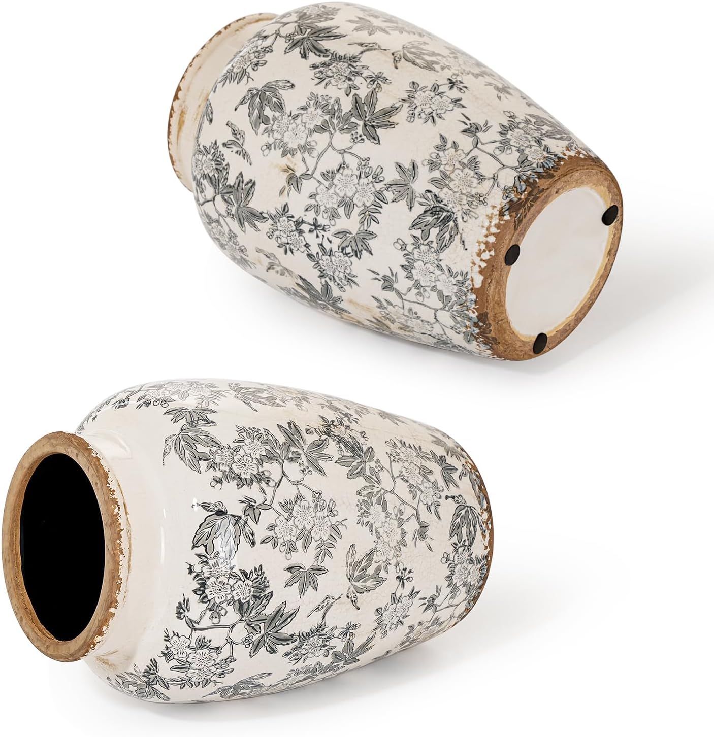 Sungmor Ceramic Flower Vase, Vintage Ice Cracked Glaze Porcelain Vase, Pretty Home Decor Vase for Flower Arrangement, Fresh Flowers, 10.2 Inch Tall Chinoiserie Pottery Vase, Gray Floral Pattern