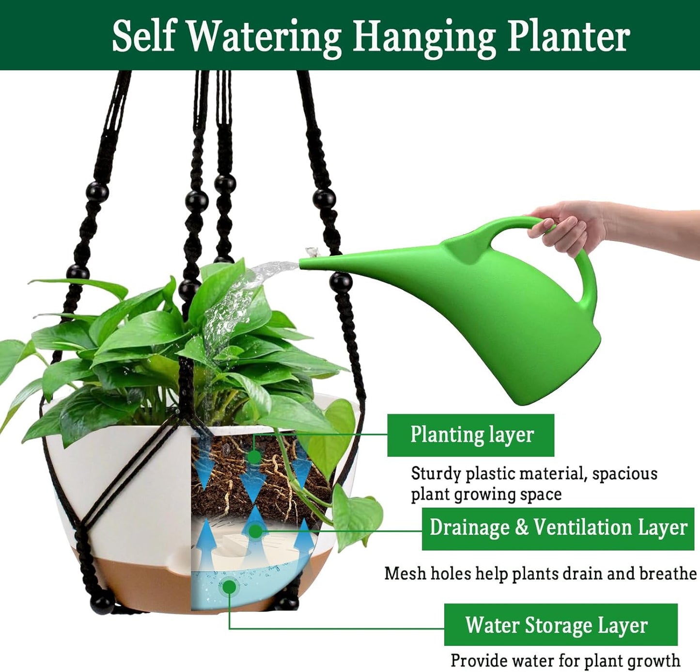 Hanging Planter Self Watering 10 Inch, 2 Pack Indoor Outdoor Hanging Baskets, Hanging Flower Pots with Drainage Hole & 2 Kinds of Plant Hangers for Garden Home Decor(Black Hanger