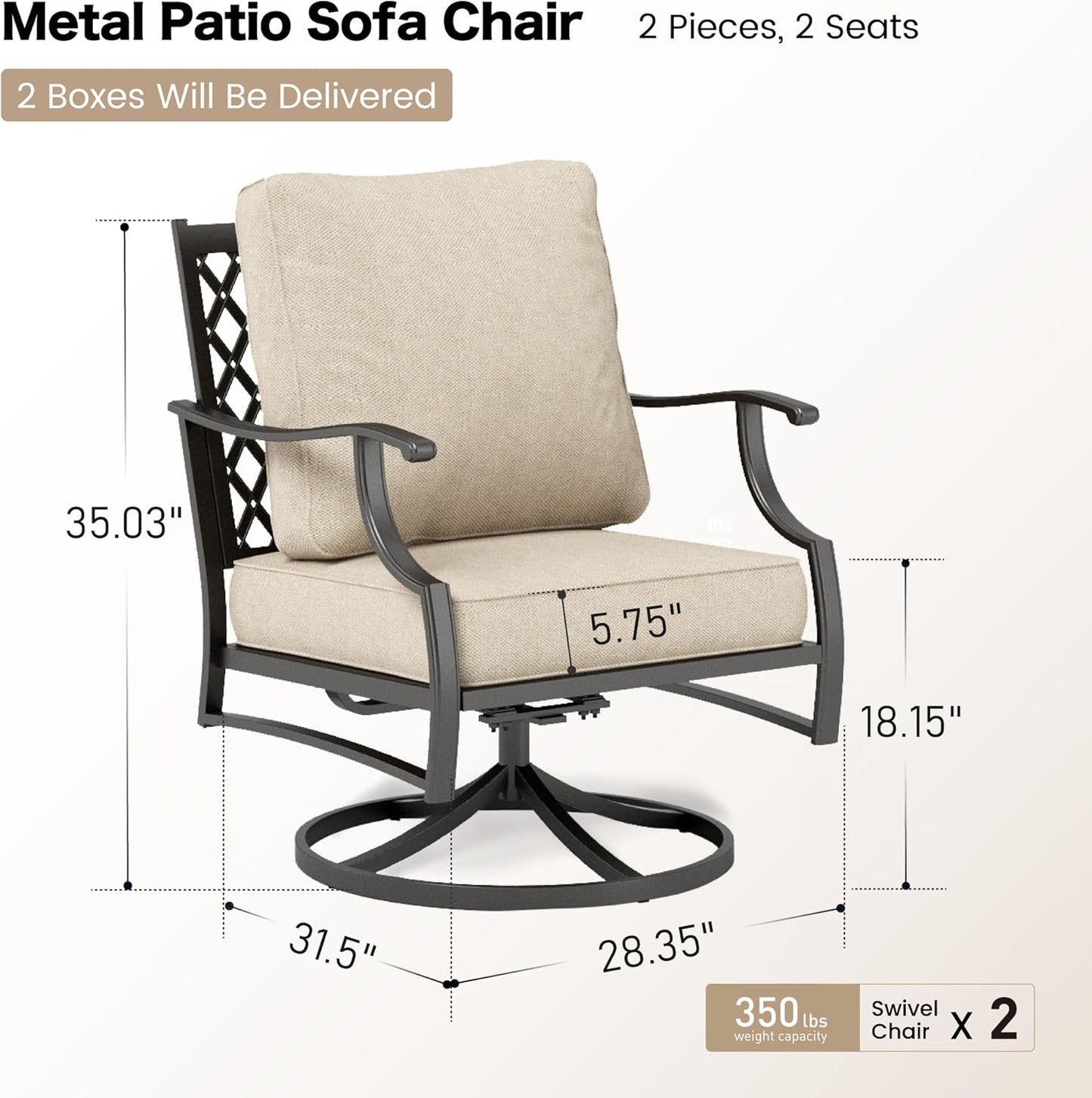 Metal Outdoor Swivel Patio Chairs Set of 2 with 5.75" Extra Thick Cushion, 2 Piece High Back Swivel Rocker Patio Chairs Outdoor Furniture Seating for Deck Balcony Front Porch, Beige