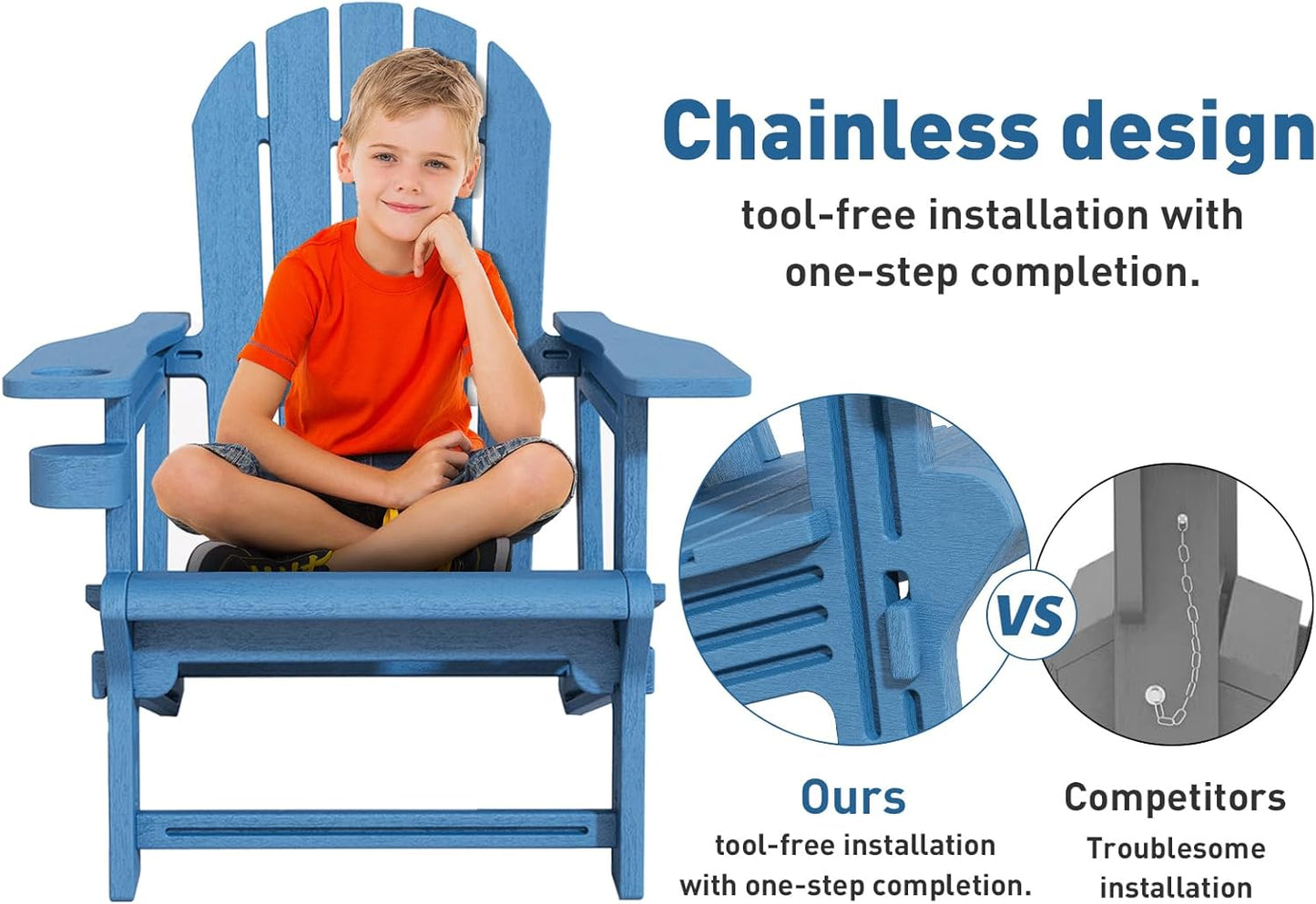 Adirondack Chairs Set of 4, Tool-Free Assembly All-Weather Plastic Adirondack Chairs, HDPE Fire Pit Chairs with Cup Holder, Outdoor Chair for Patio Garden (Blue)