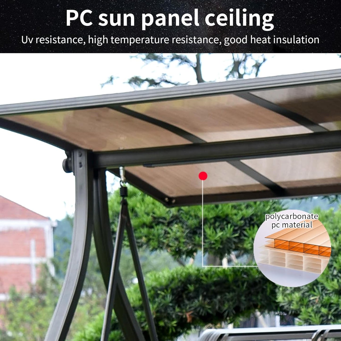 3-Seat Solar Outdoor Patio Swing Chair with Footrest Outdoor Porch Swing with Aluminum Frame Adjustable Tilt Canopy for Poolside Balcony Backyard (Plaid Pillow + Brown Cushion)