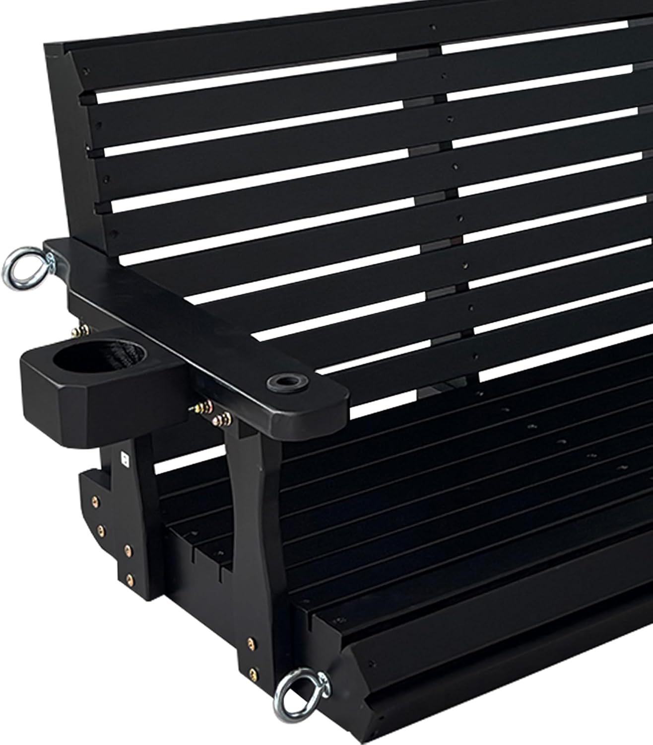 Wooden Porch Swing 3-Seater, High Backrest and Deep Seat, Bench Swing with Cupholders, Hanging Chains and 7mm Springs, Heavy Duty 880 LBS, for Outdoor Patio Garden (Carbon Black, 5 FT Extra Large)