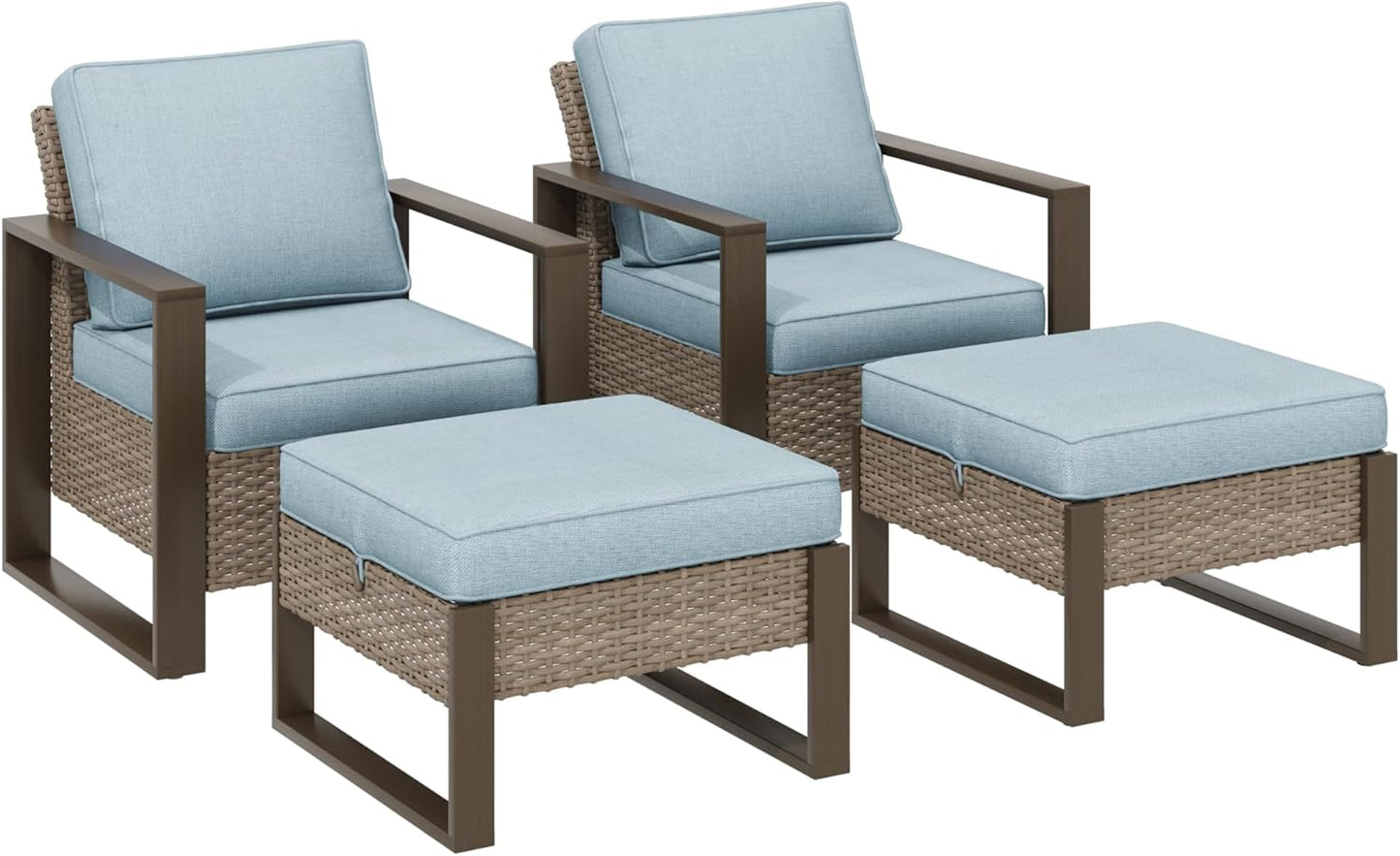 Outdoor Wicker Metal Chairs Set of 2 with Two Ottomans - 4 Pieces Patio Bistro Set with Rectangular Framed Wood-Looking Metal Armrest & Removable Cushions for Terrace, Baby Blue