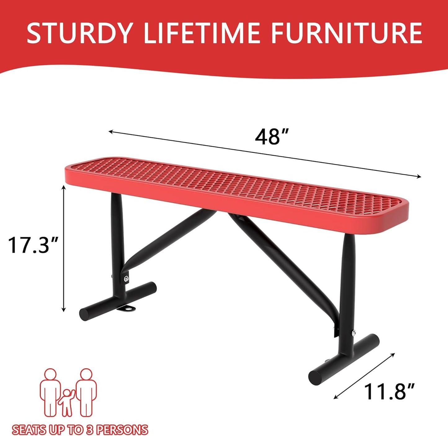 4 Feet Heavy Duty Metal Park Bench for Outside, Outdoor Bench with Portable Frame, Commercial Benches for Shopping Mall, Store, Park, Patio, Deck, Red