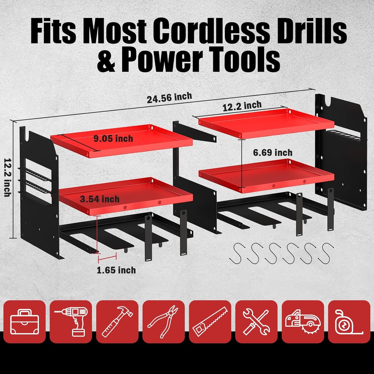 Power Tool Organizer Wall Mount with 6 Drill Holders, Heavy Duty Metal Utility Racks with Large Top Shelf & Side Hooks, Efficient and Organized Storage for Garage, Workshop, Shed, Pegboard