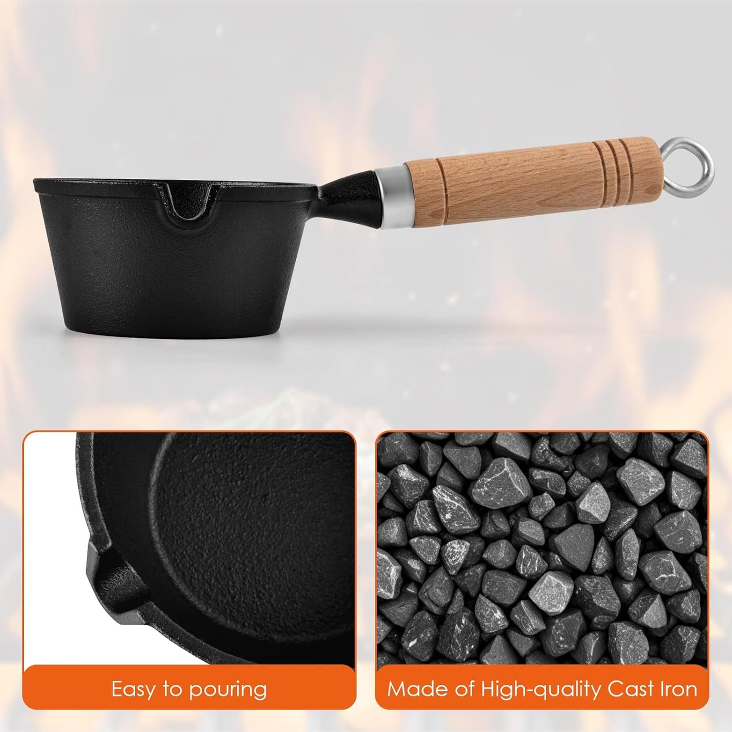 BBQ Mop Brush and Cast Iron Sauce Pot Set, 8Pcs Barbecue Accessories Include Basting Melting Pot, 2 Size Wooden Handle Sauce Mops with 4Pcs Replacements and Oil Brush for Meat Smoker, Grill, Stove