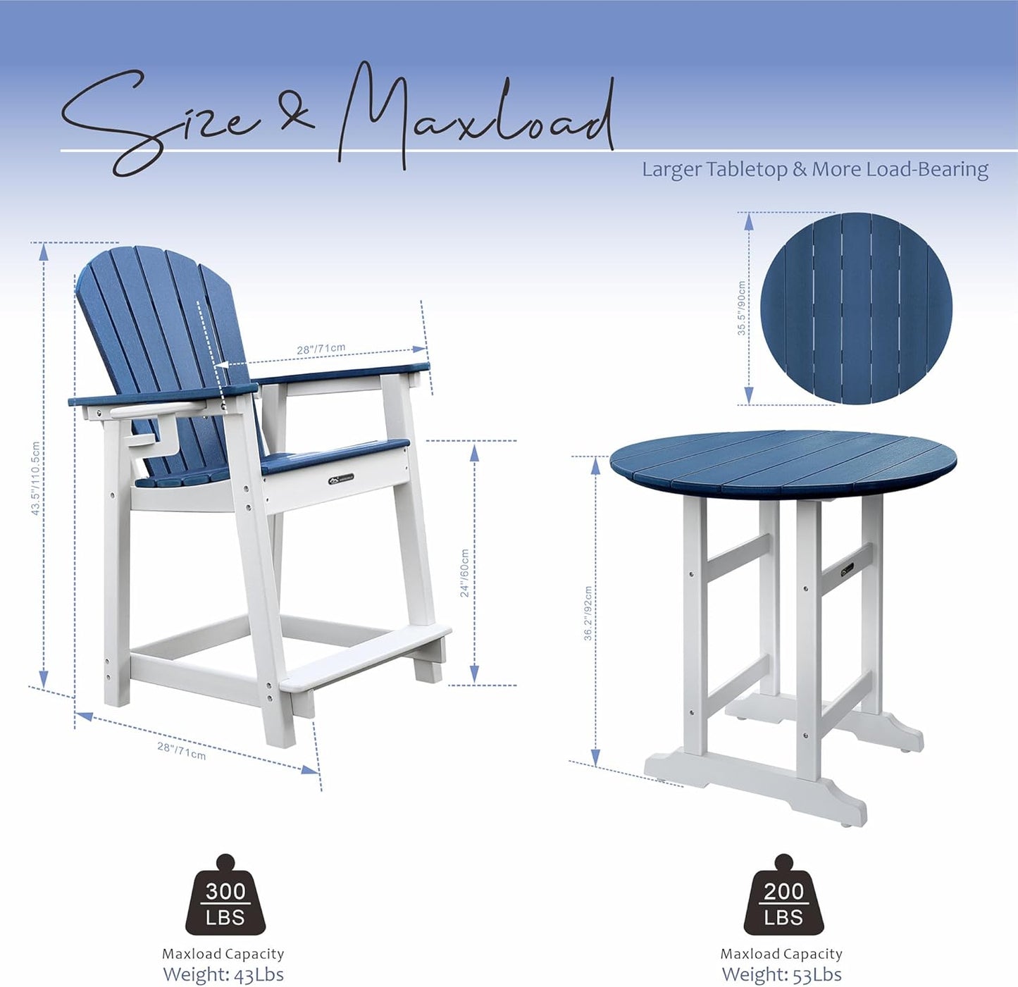 Patio Bar Tables, Outdoor Bar Table, Tall Adirondack Chairs Patio Bar Tables Set (Navy Blue, 2 PCS Set)