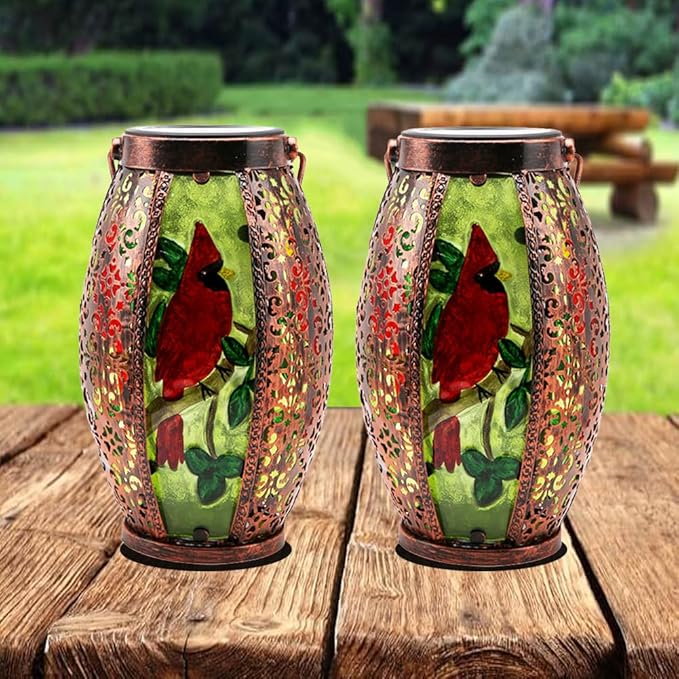 2PCS Cardinal Solar Lanterns Glass & Metal Hanging Light Outdoor Waterproof 16" H Tabletop Lamp with Hollowed-Out Design with Shepherd's Hooks for Garden Patio Table Decor, Green