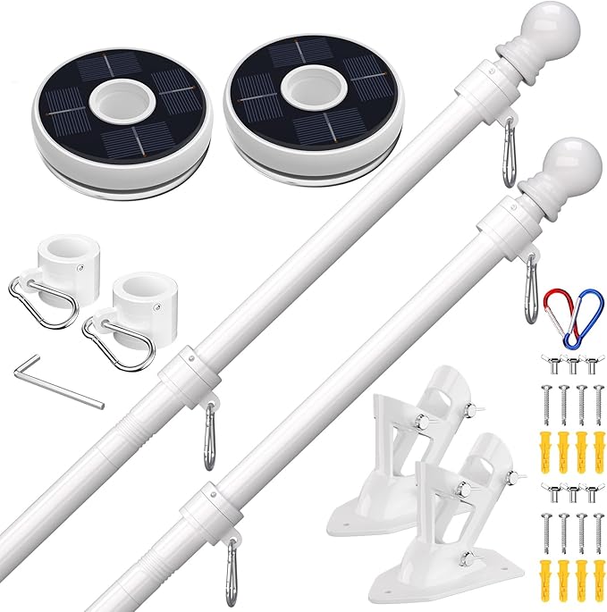 ZMTECH 2 Pcs 6 FT Flag Pole with Solar Light - Adjustable Bracket, Stainless Steel Flag Poles for Outside House, Tangle Free Flag Pole Holder Kit for American Flag (Without Flag, White)