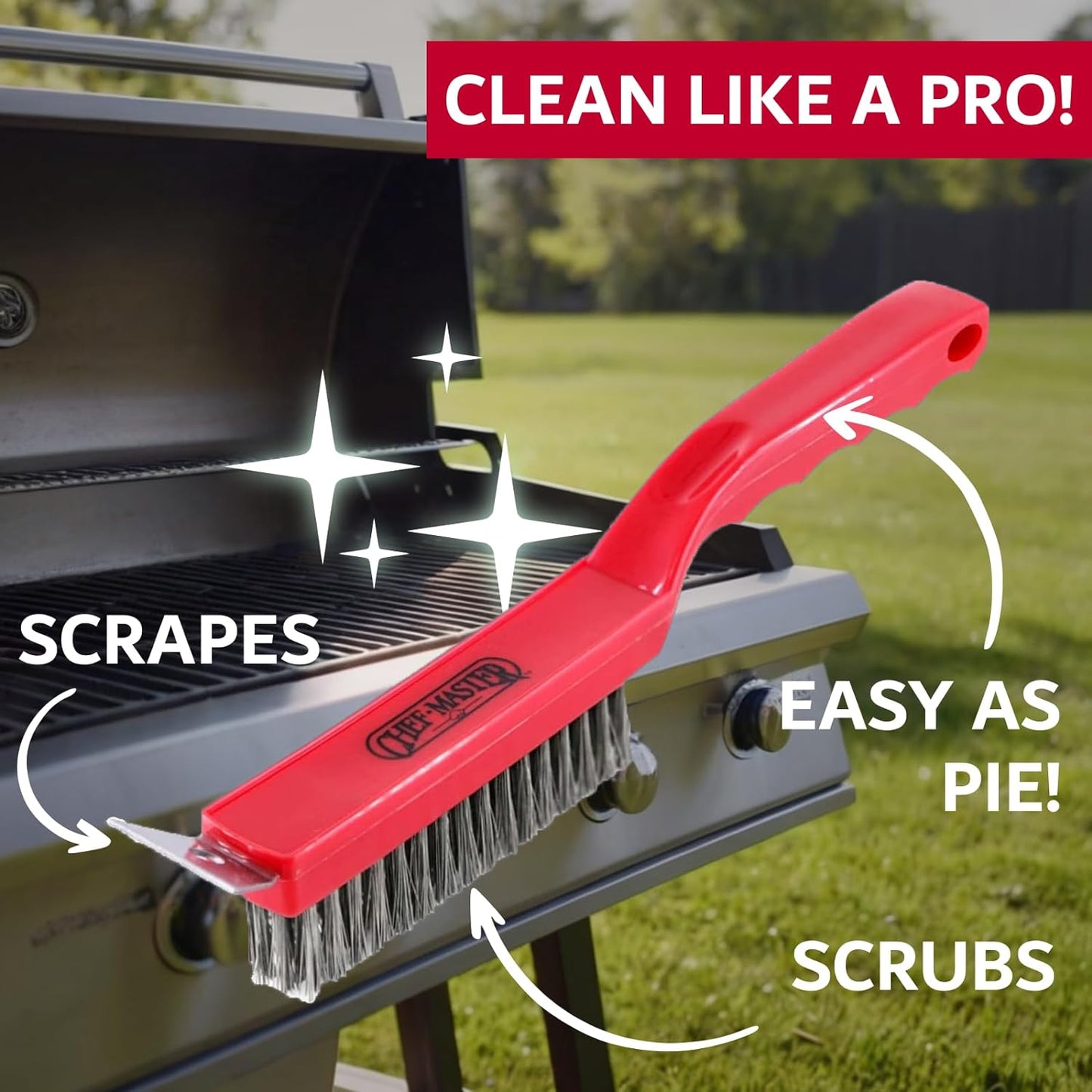 Chef Master Grill Brush & Scraper, Heavy Duty Plastic Handheld Grill Cleaning Brush, Scraper Head with Tough Wire Bristles Grill Brush for Grill Grates, Outdoor BBQ Grill & Grilling Accesories - 90044