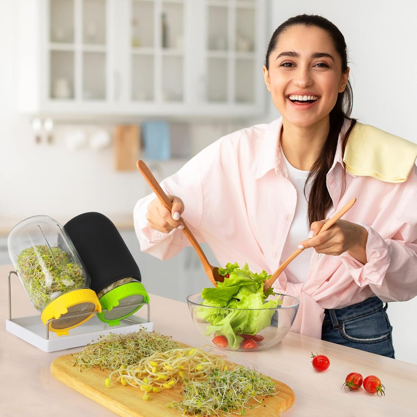 Seed Sprouting Kit, 2 Large Wide Mouth Mason Jars with Sprout Lids, Blackout Sleeves, Drain Tray, Stainless Steel Stand, Sprouts Growing Kit for Bean, Broccoli, Alfalfa (Yellow+Green)