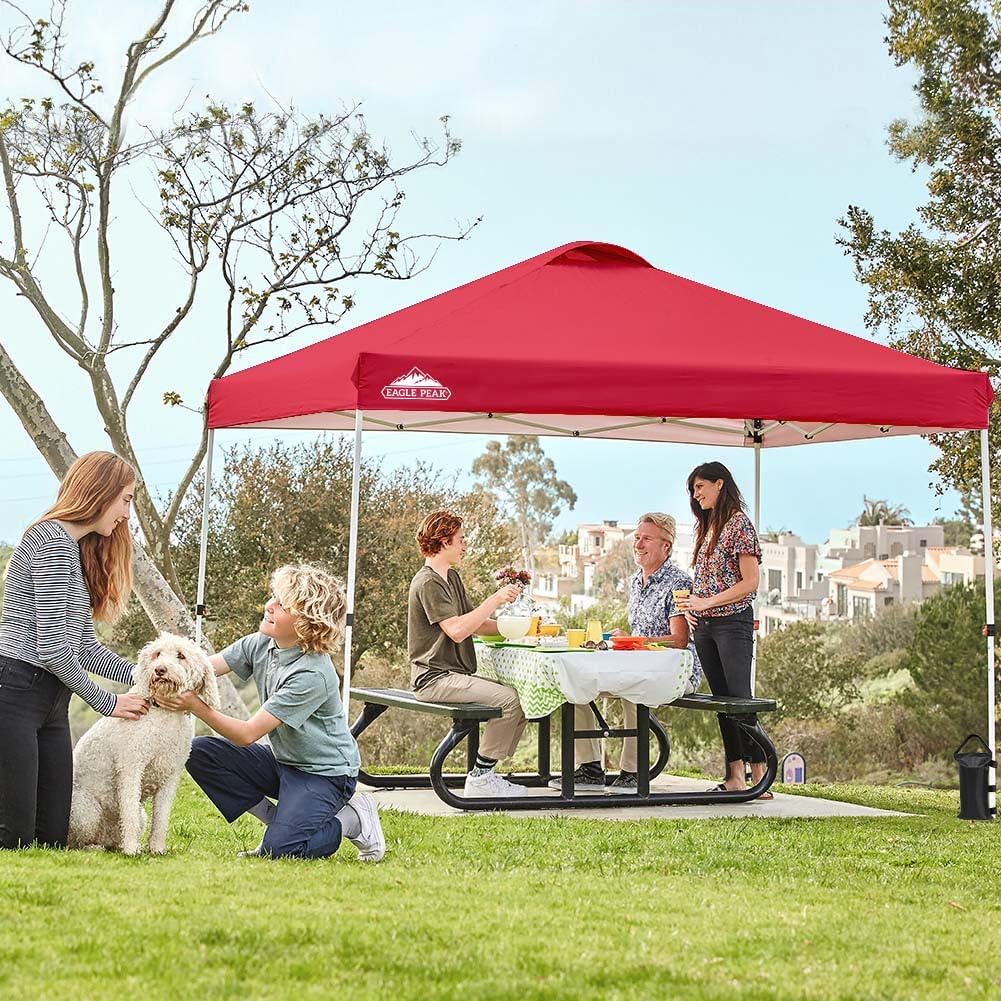 EAGLE PEAK Pop Up Canopy Tent with Wheeled Carry Bag, 8 Stakes, 4 Ropes, 4 Weight Bags, Easy Set Up Tent Canopy, 10x10 ft, 100sqft of Shade, Red