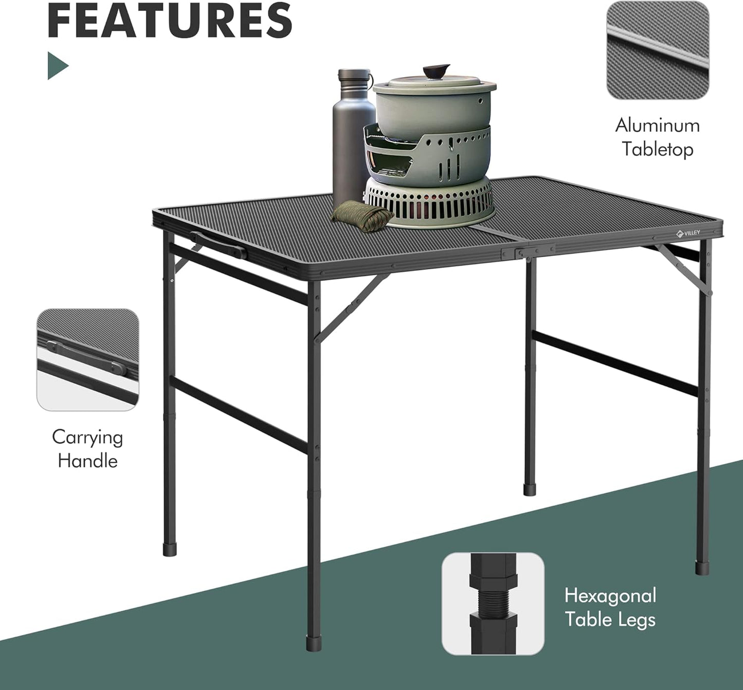 VILLEY Grill Table, 3ft Folding Camping Table with Aluminum Adjustable Legs, Portable Lightweight Camp Table for Beach Picnics and Outdoor Cooking