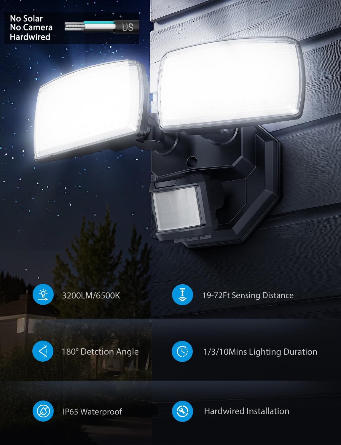 Onforu 32W 2 Head Motion Sensor Outdoor Lights, 3200LM 6500K LED Security Light, Dusk to Dawn, Motion Detector Light for Outside, IP65 Waterproof Flood Lights for Garage, Yard(Black)