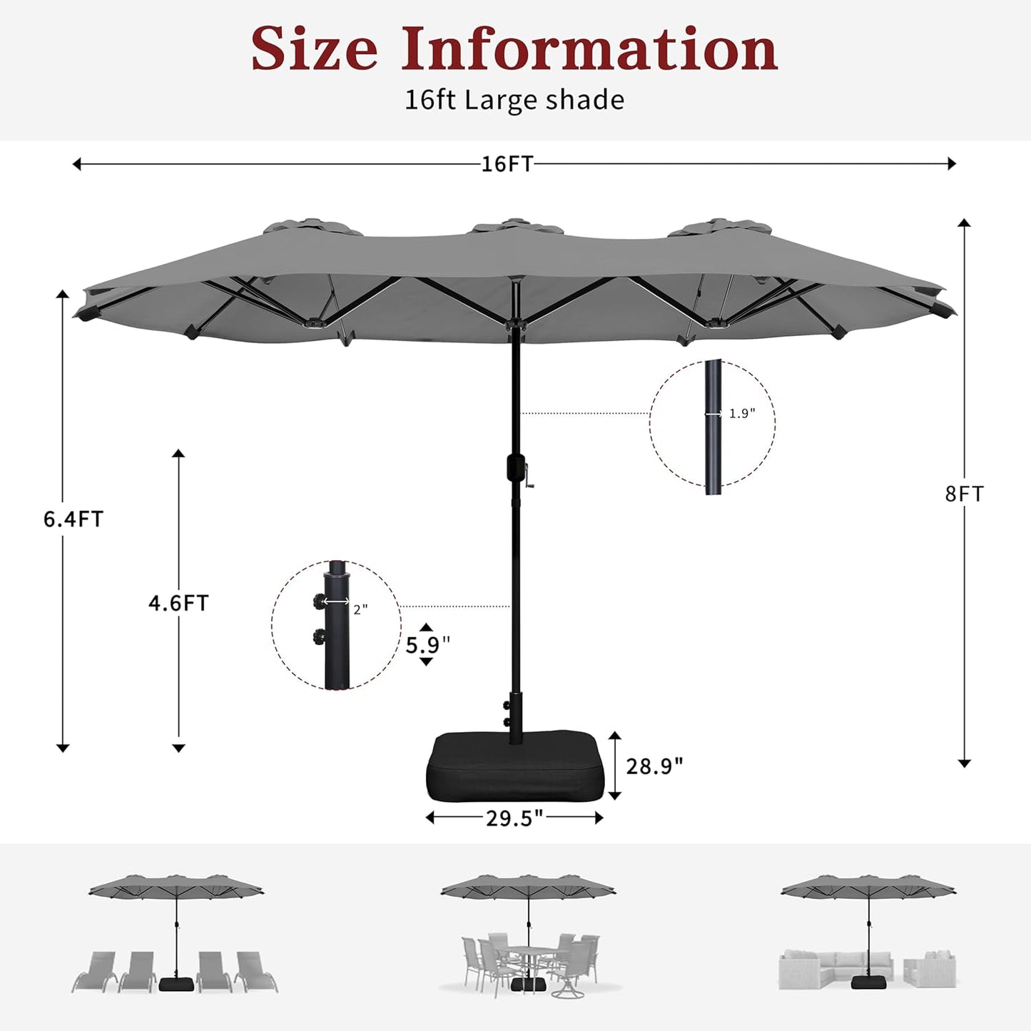 Vongrasig 15FT Large Patio Umbrella with Base Included, Outdoor Double sided Umbrellas with Crank Handle, Rectangle Table Umbrella for Pool Lawn Garden Market