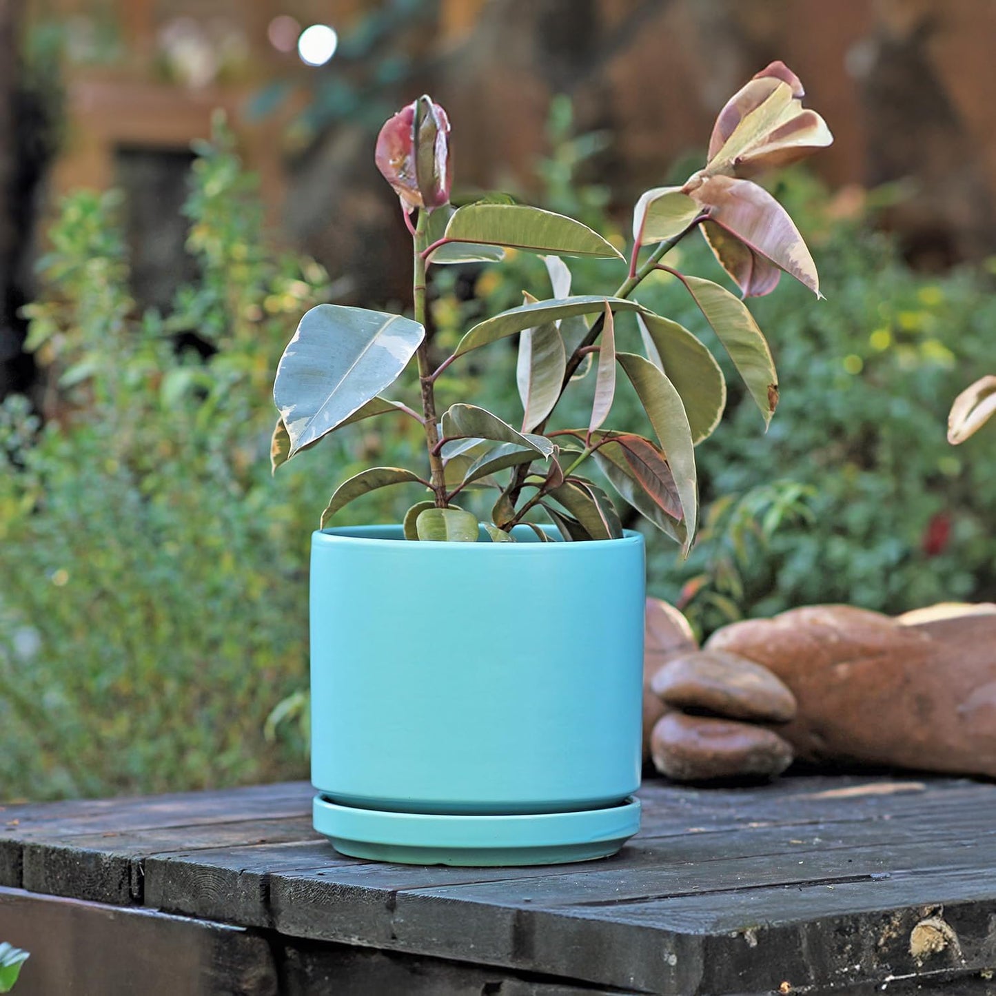 Mid Modern Planter with Detached Saucer (Aqua Marine Satin,10.0" D x 9.0" H)