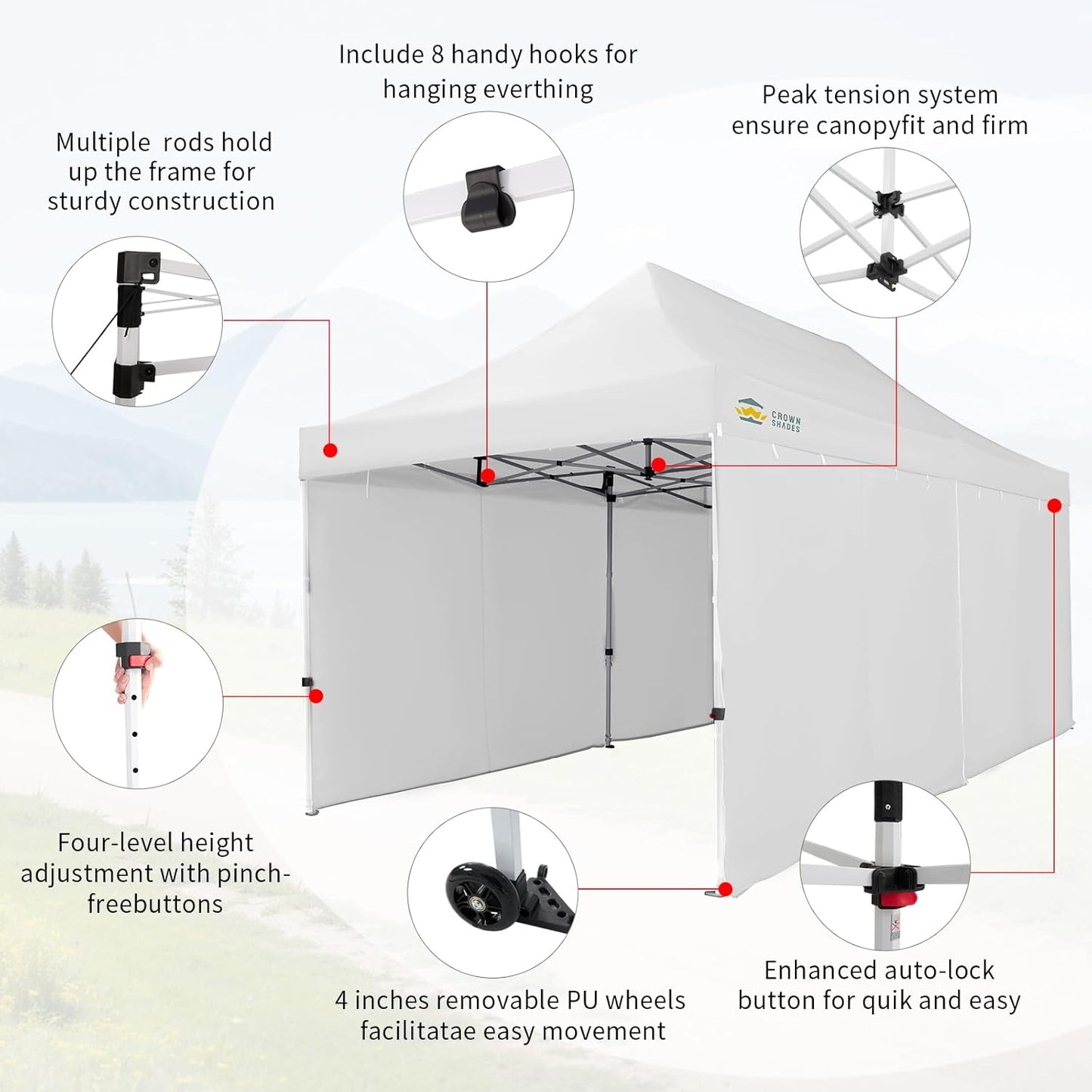 CROWN SHADES 10x20 Pop Up Canopy Tent, Thicken Frame Commercial Heavy Duty Tent, 4 Sidewalls 8 Stakes & 4 Sandbags & 4 Ropes, Outdoor Canopies for Events, Parties,White