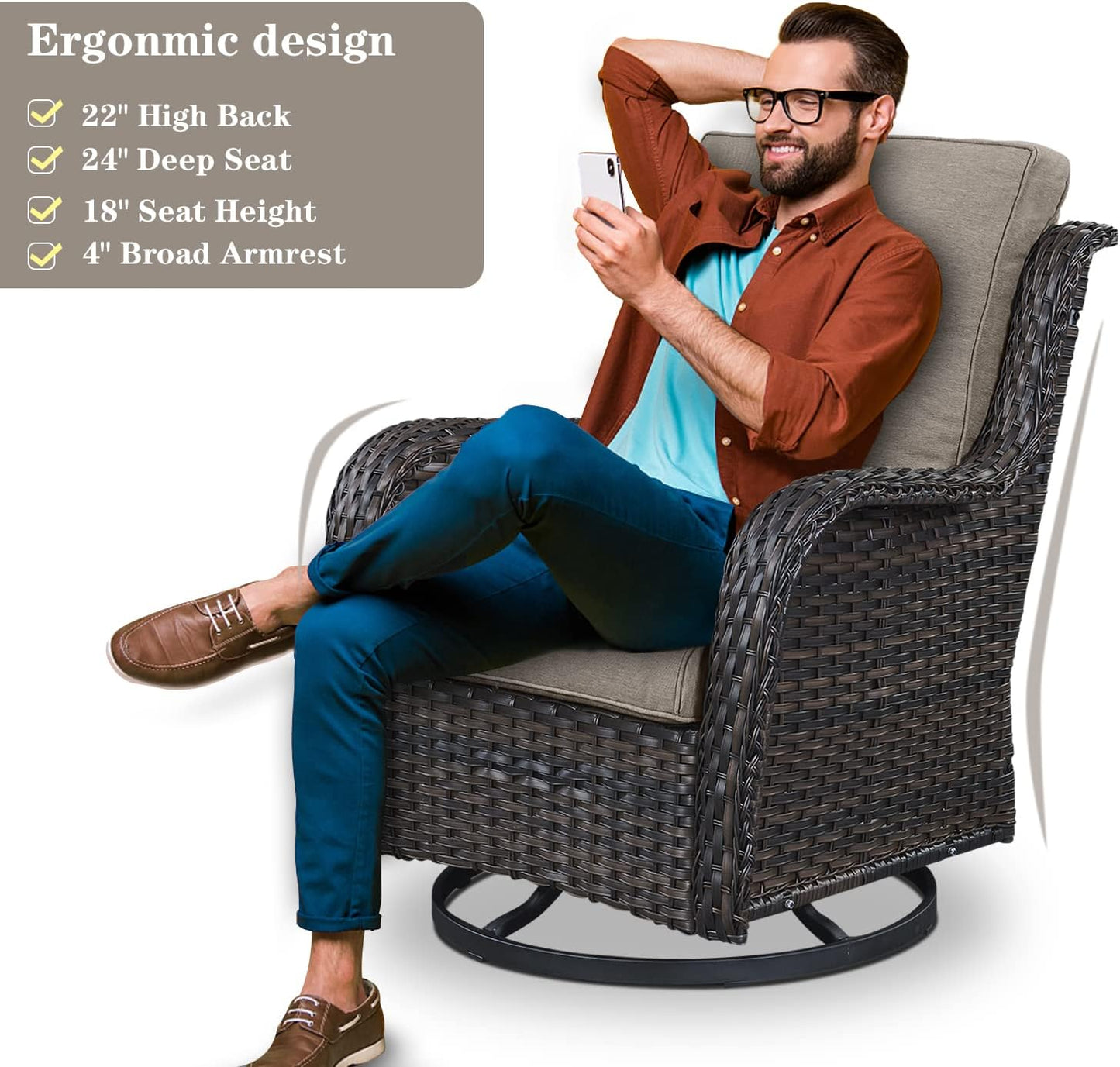 5 Piece Outdoor Patio Furniture Set - Wicker Furniture Patio Conversation Set, Outdoor Swivel Rocker Chairs with Loveseat Sofa and 2 Ottomans for Small Space, Gray Cushion