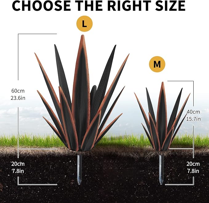 Large Tequila Rustic Sculpture, Rustic Metal Agave Plants for Outdoor Patio Yard, Home Decor Hand Painted Metal Agave Garden Yard Statue, Outdoor Lawn Ornaments Yard Stakes (Black - M)
